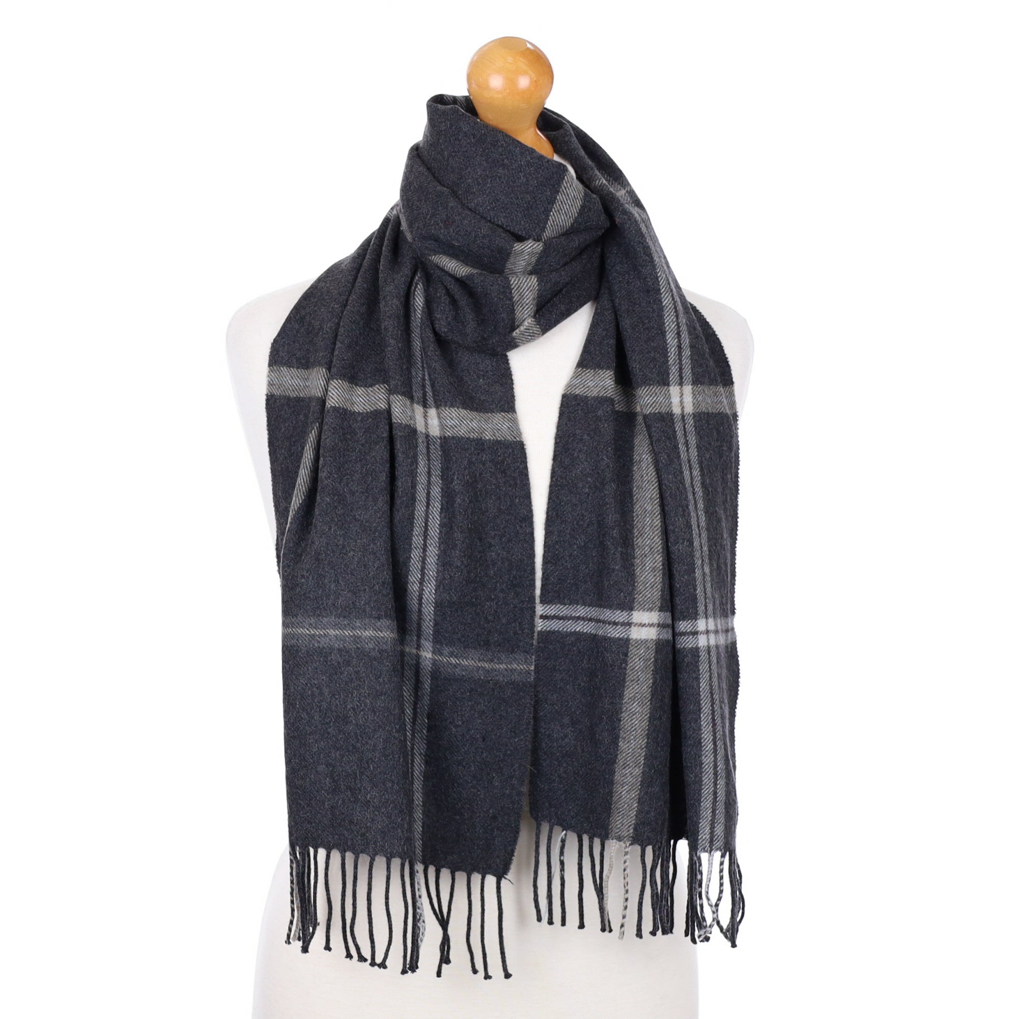 Grey Checked Fringed Cashmere Woven Scarf