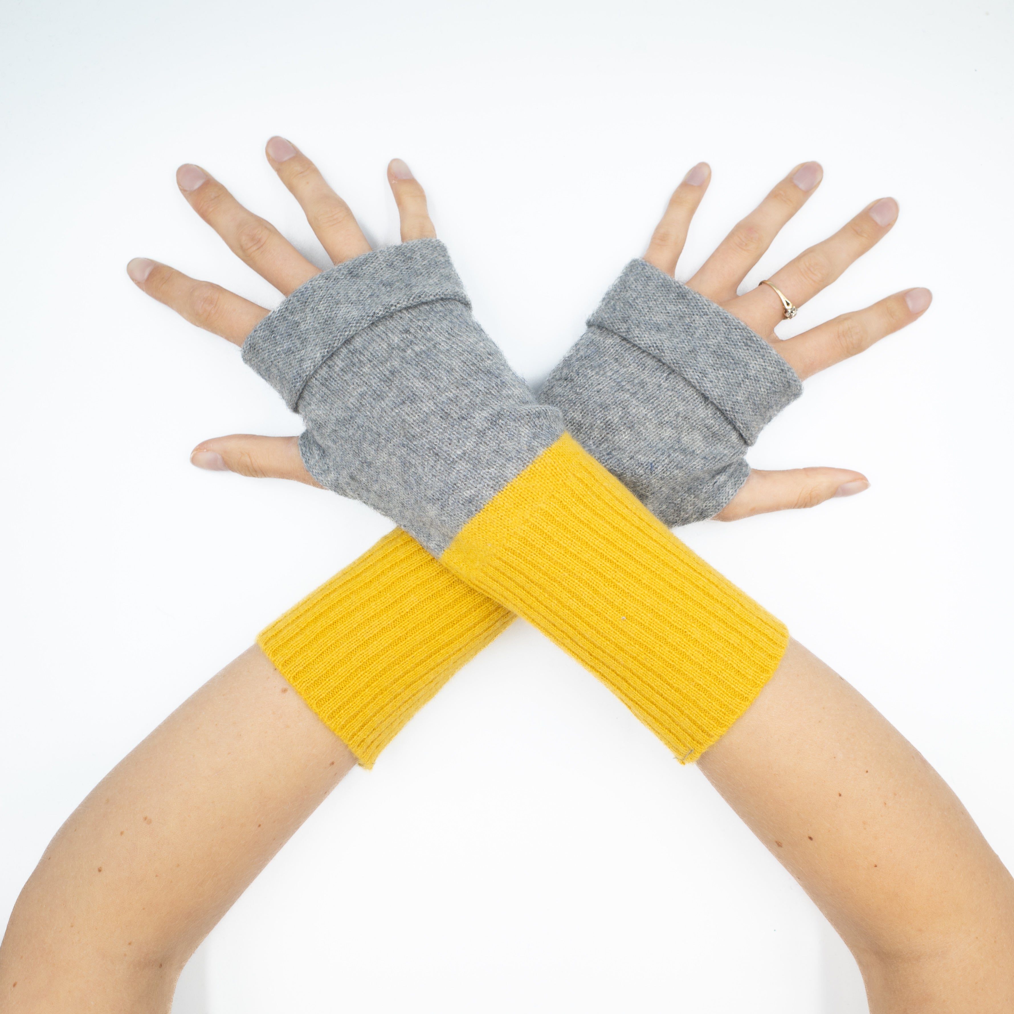 Yellow and Grey Colour Block Fingerless Gloves