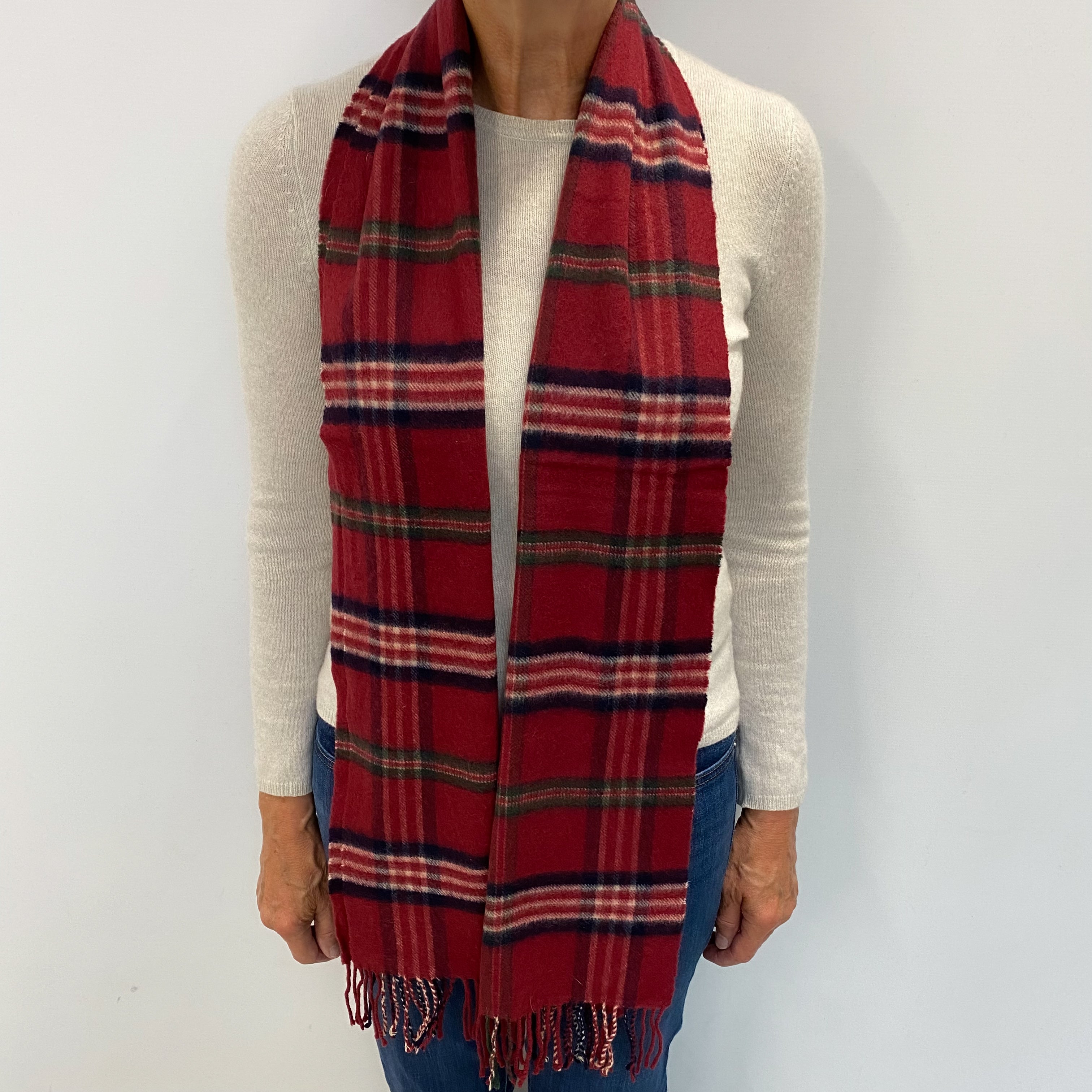 Pringle Red and Navy Checked Cashmere Woven Fringed Scarf