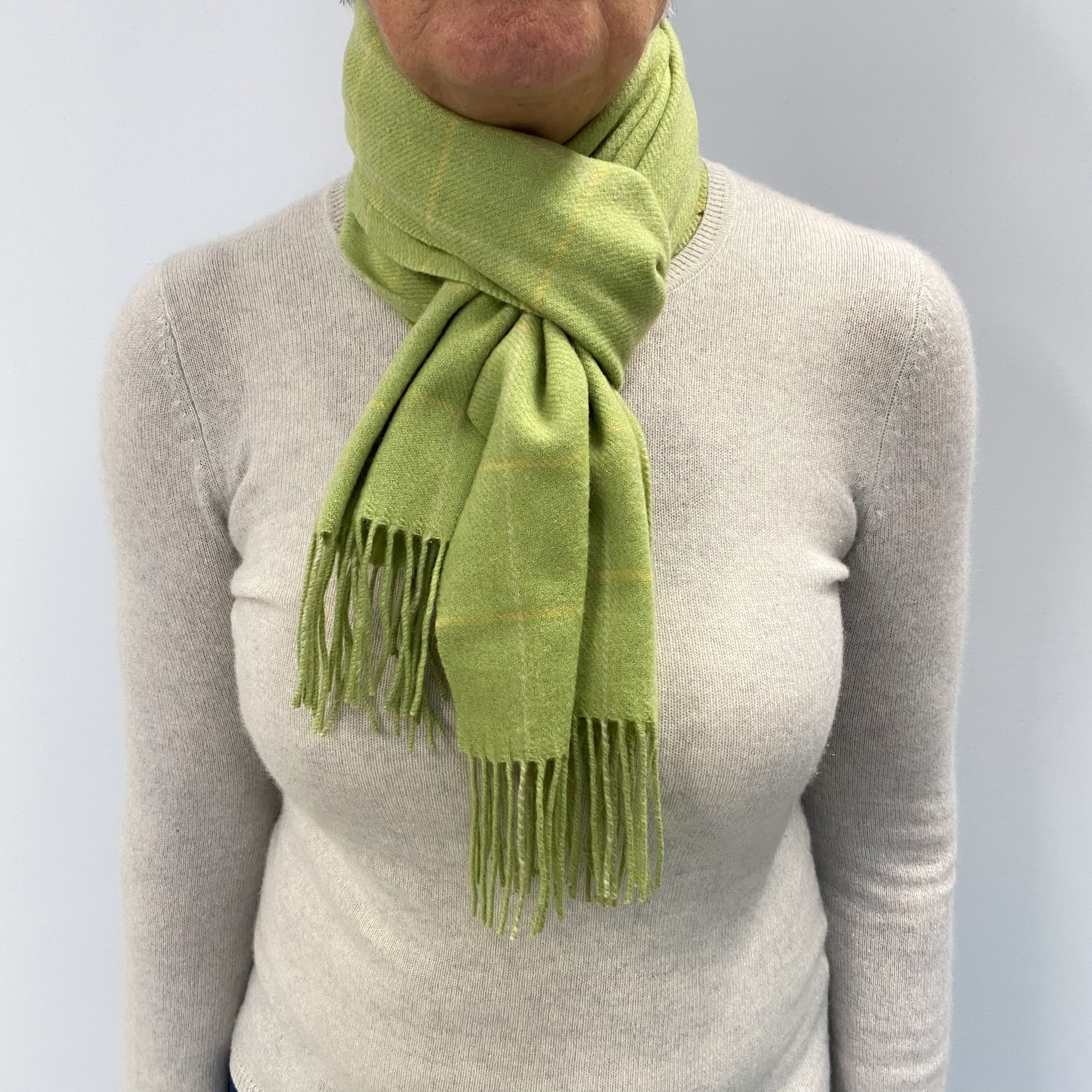 Lime Green Checked Cashmere Woven Fringed Scarf