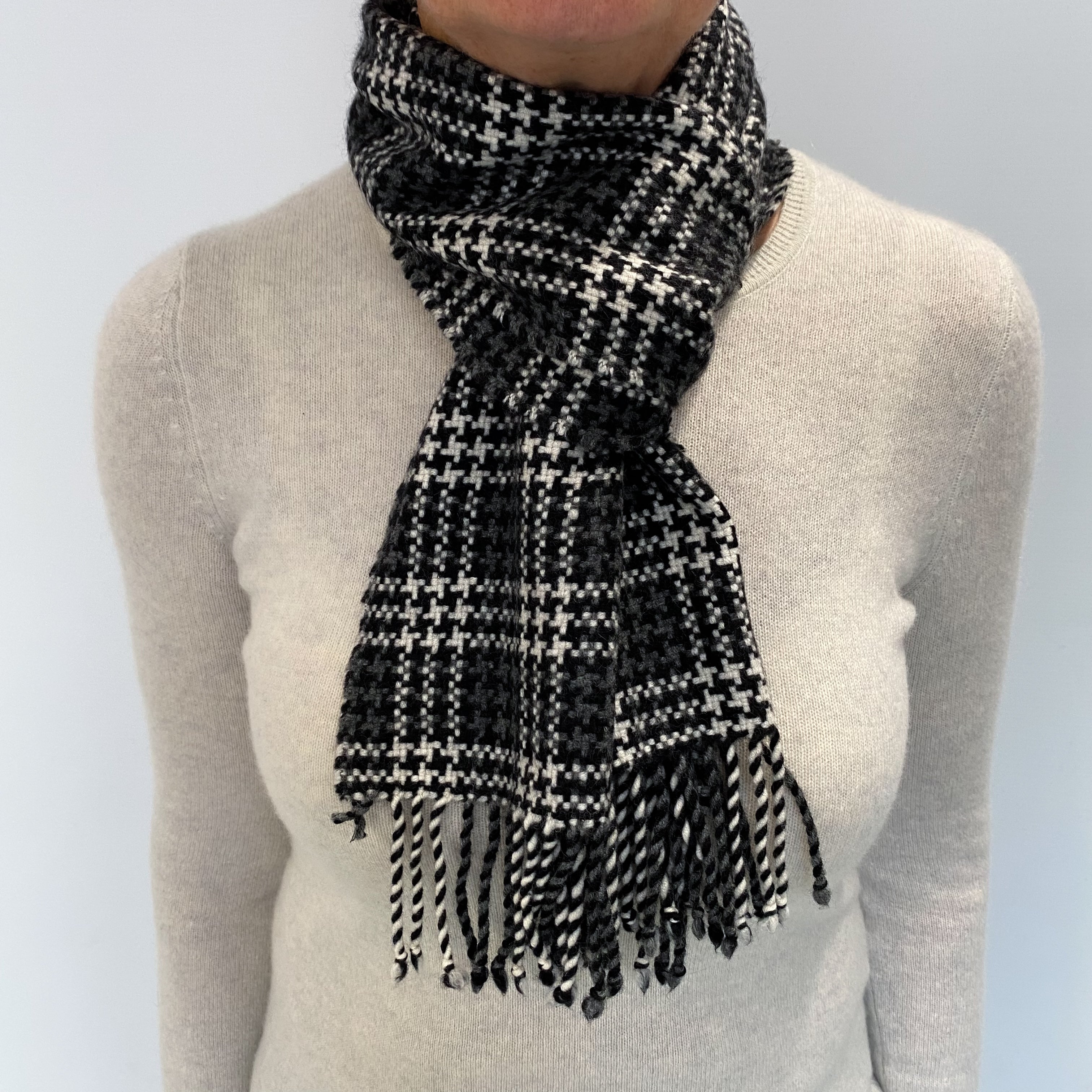 Black and White Checked Cashmere Woven Fringed Scarf