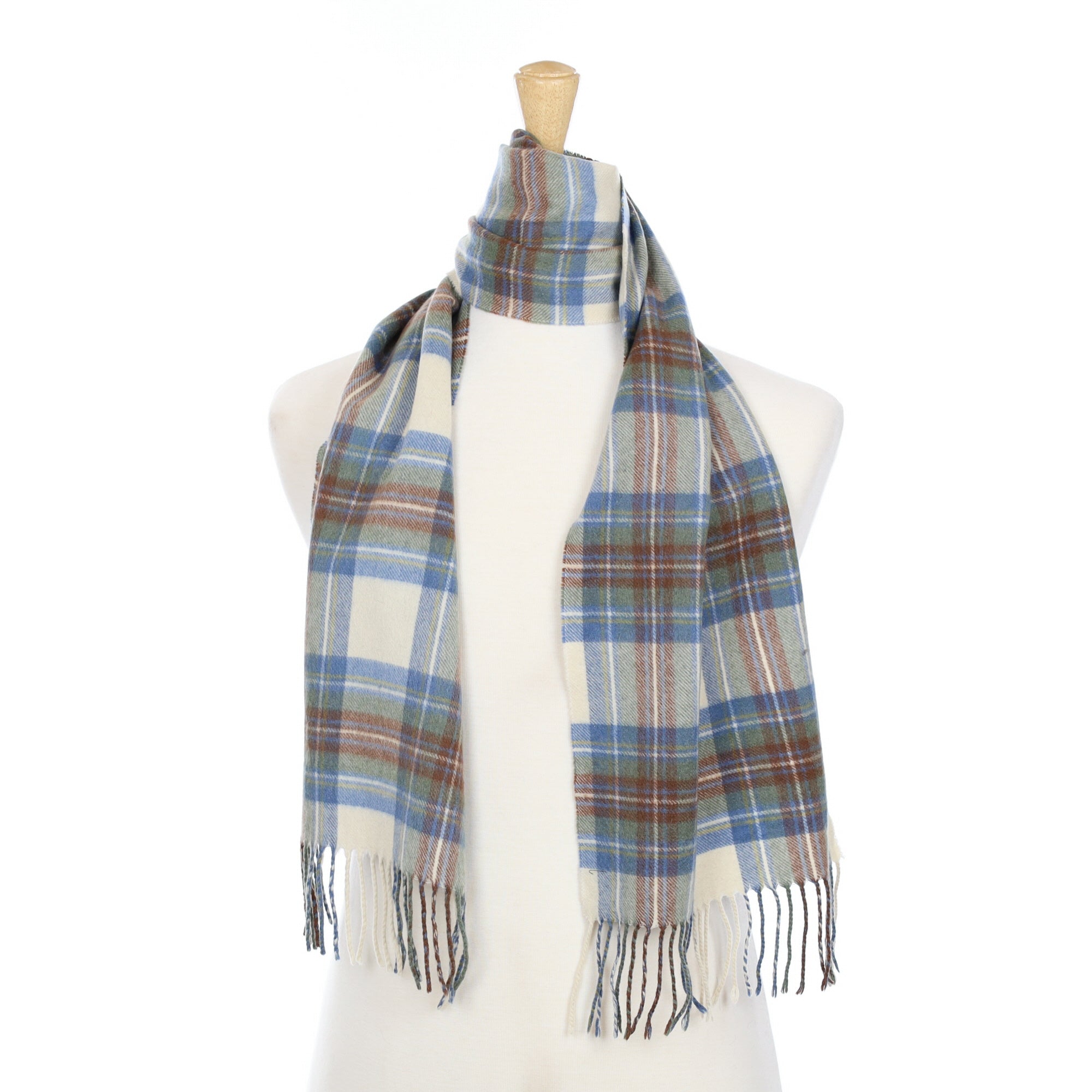 Airforce Blue and Brown Checked Cashmere Fringed Woven Scarf