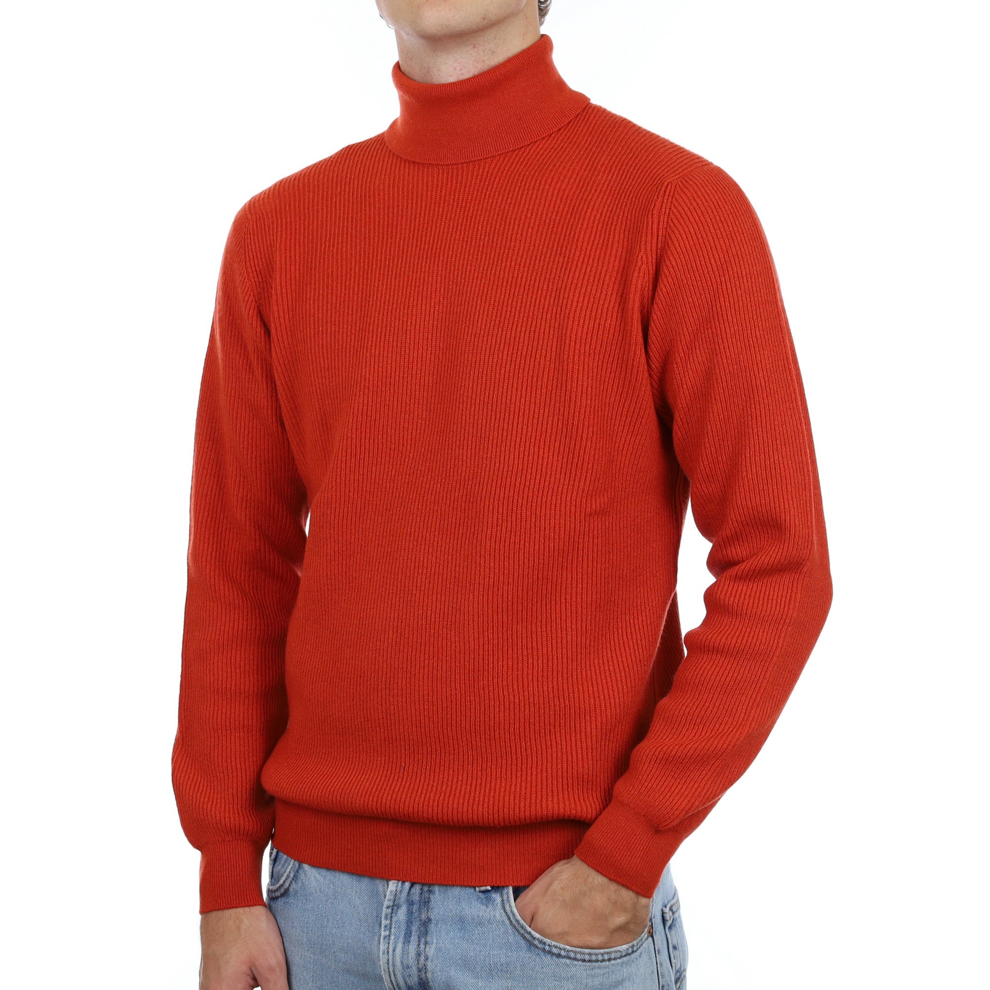 Men’s Brand New Scottish Pumpkin Orange Cashmere Polo Neck Jumper Medium