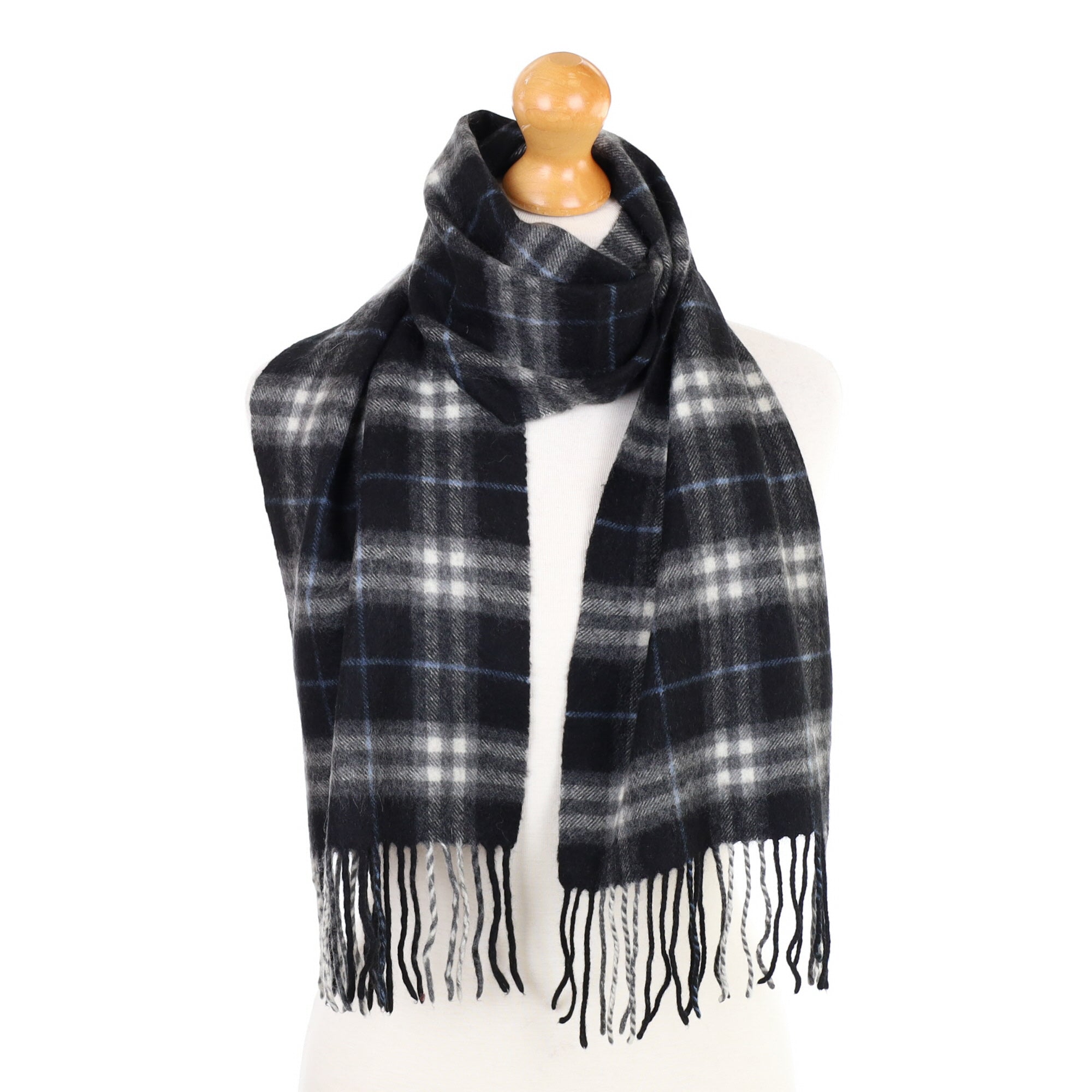 Black and Blue Checked Fringed Cashmere Woven Scarf