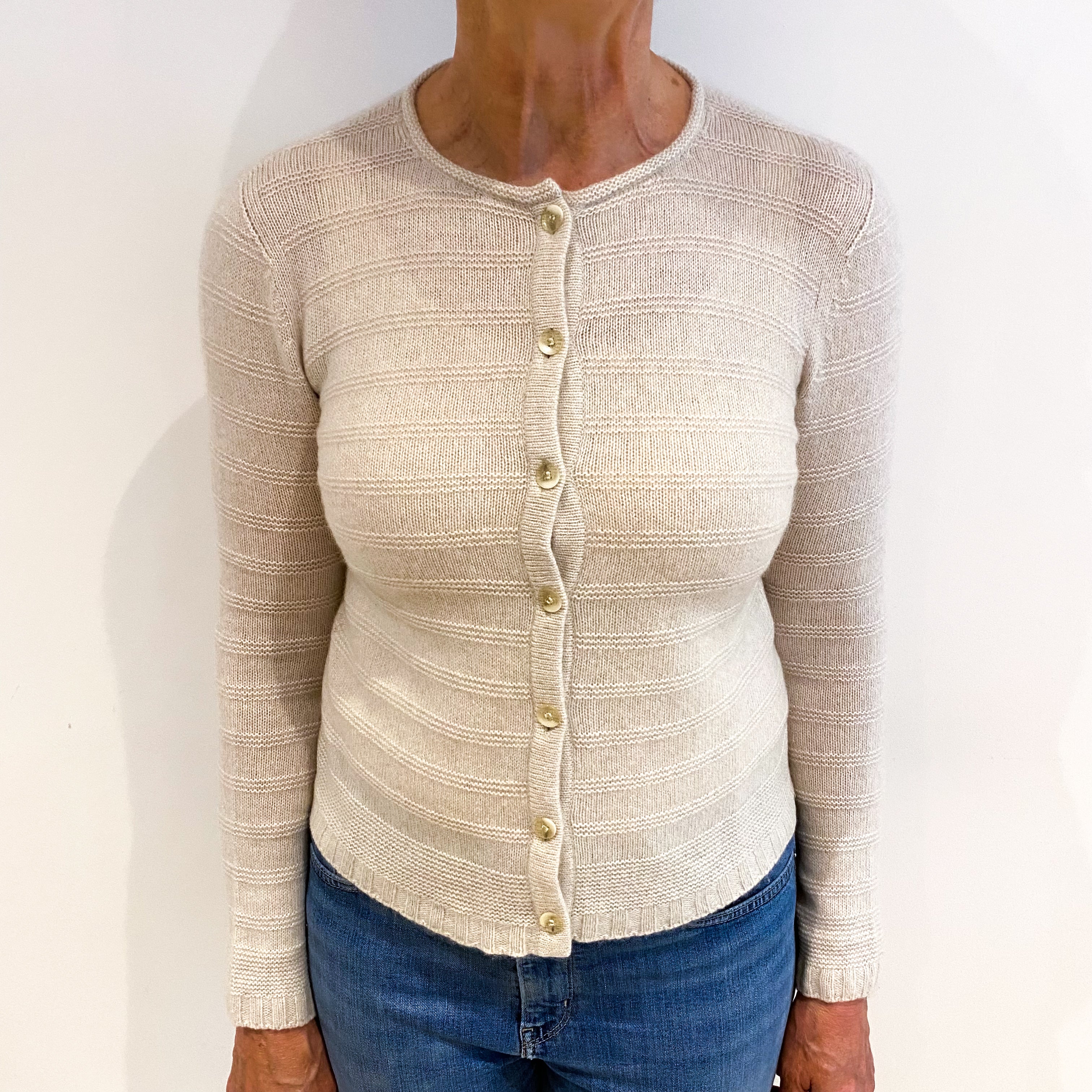 Italian Oatmeal Beige Cashmere Crew Neck Cardigan Medium