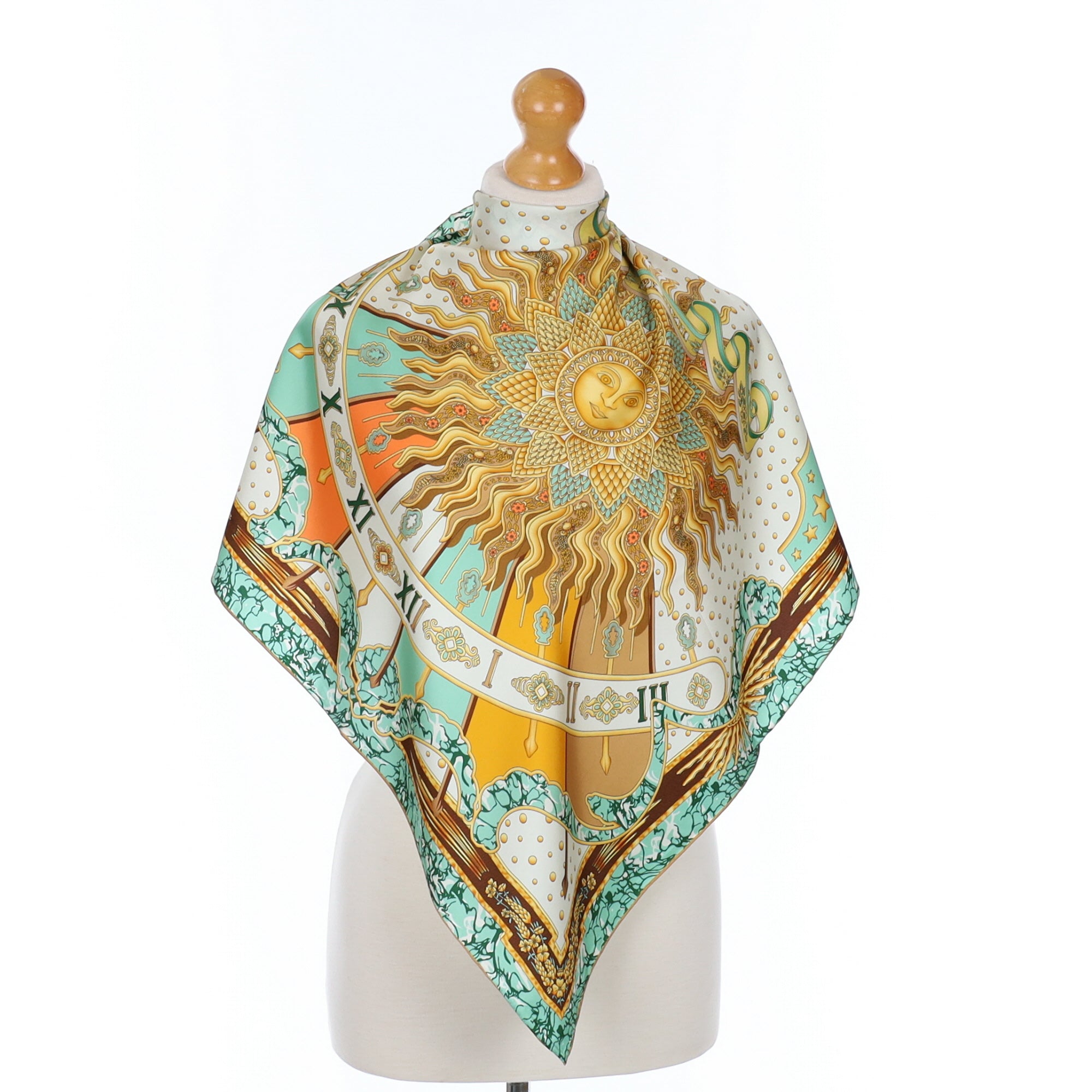 Unworn Green and Gold Sun Silk Scarf