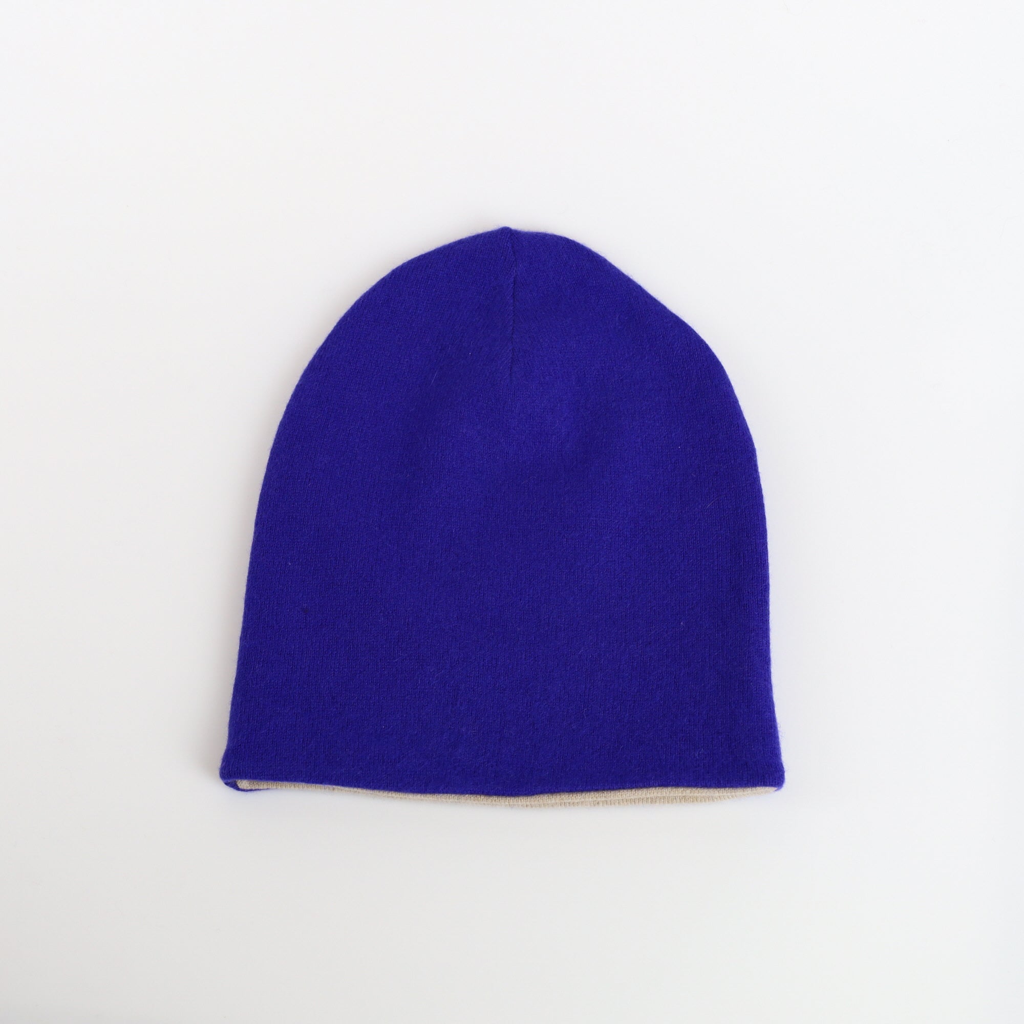 Azure Blue and Biscuit Beige Reversible Cashmere Beanie Hat