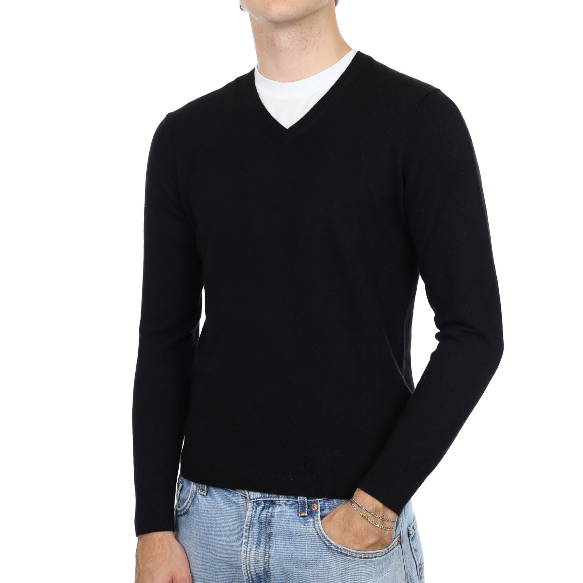 Men's Black Cashmere V Neck Jumper Medium