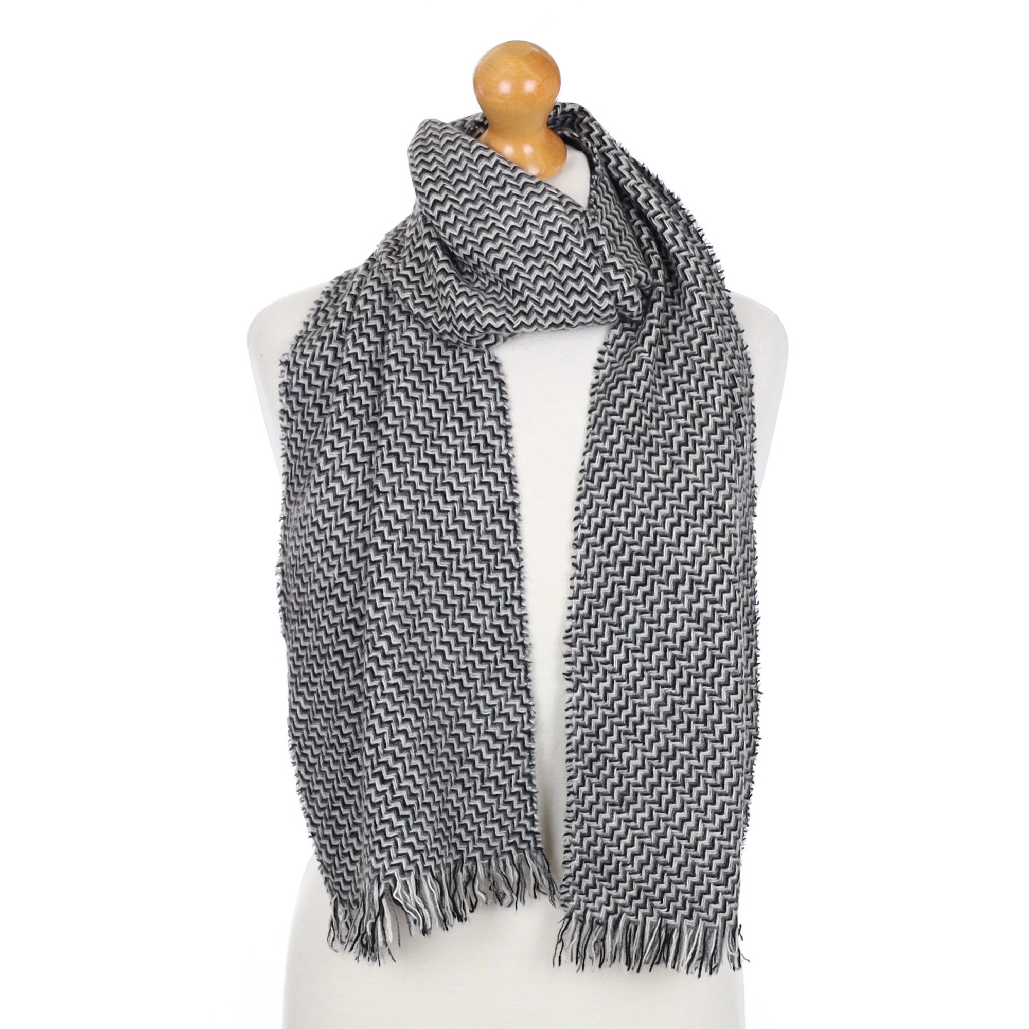 Black and Grey Patterned Fringed Cashmere Woven Scarf