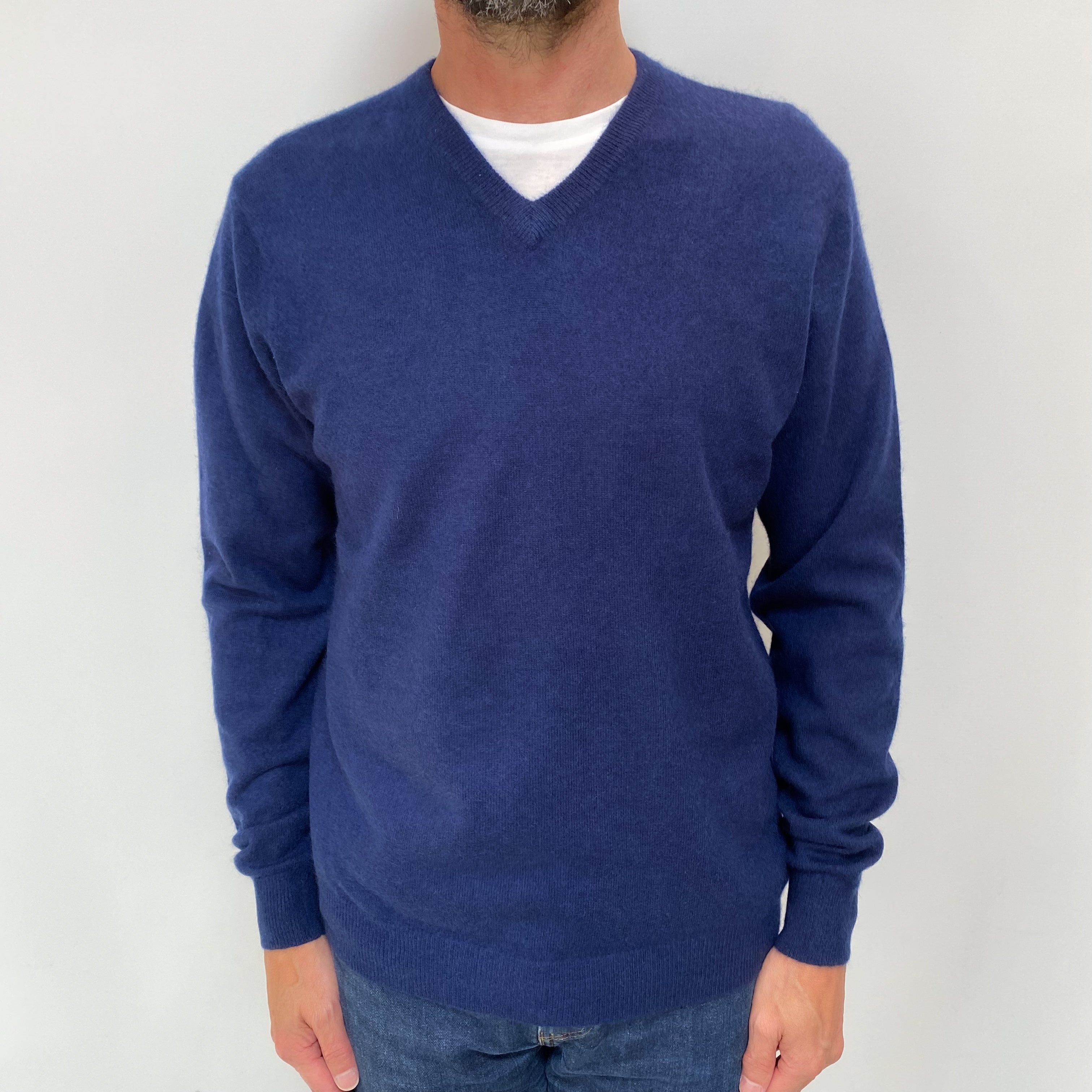 Men's Navy Blue Cashmere V Neck Jumper Small