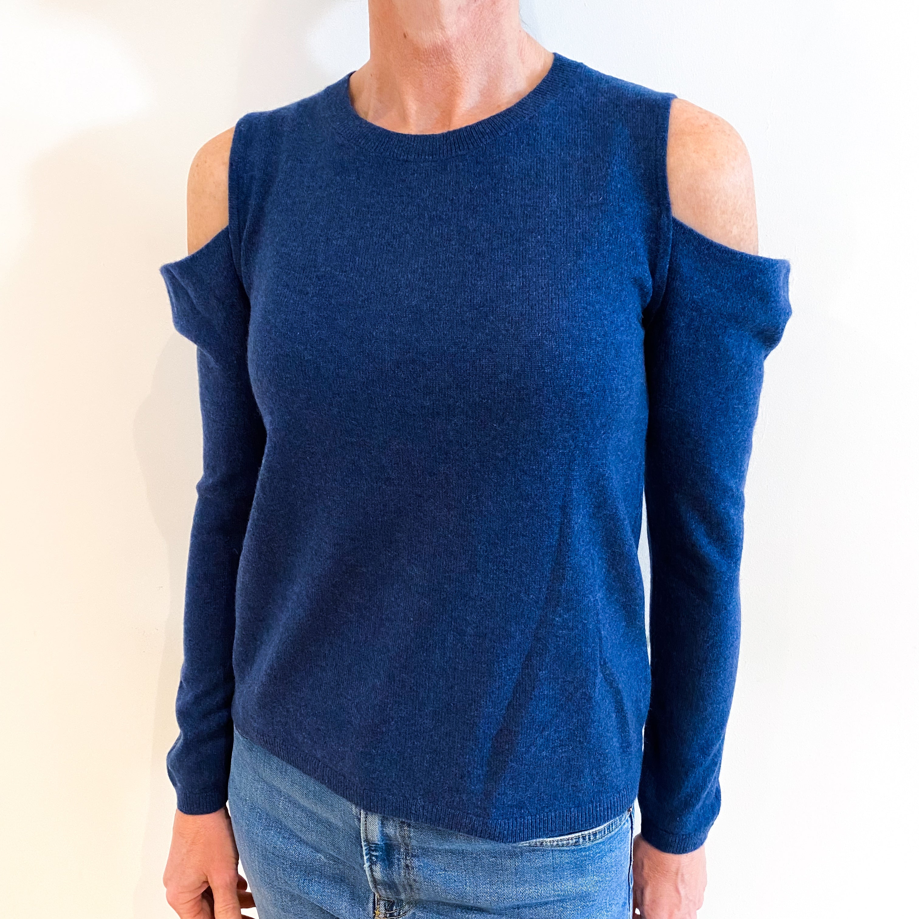 Naval Blue Cashmere Cold Shoulder Crew Neck Jumper Small