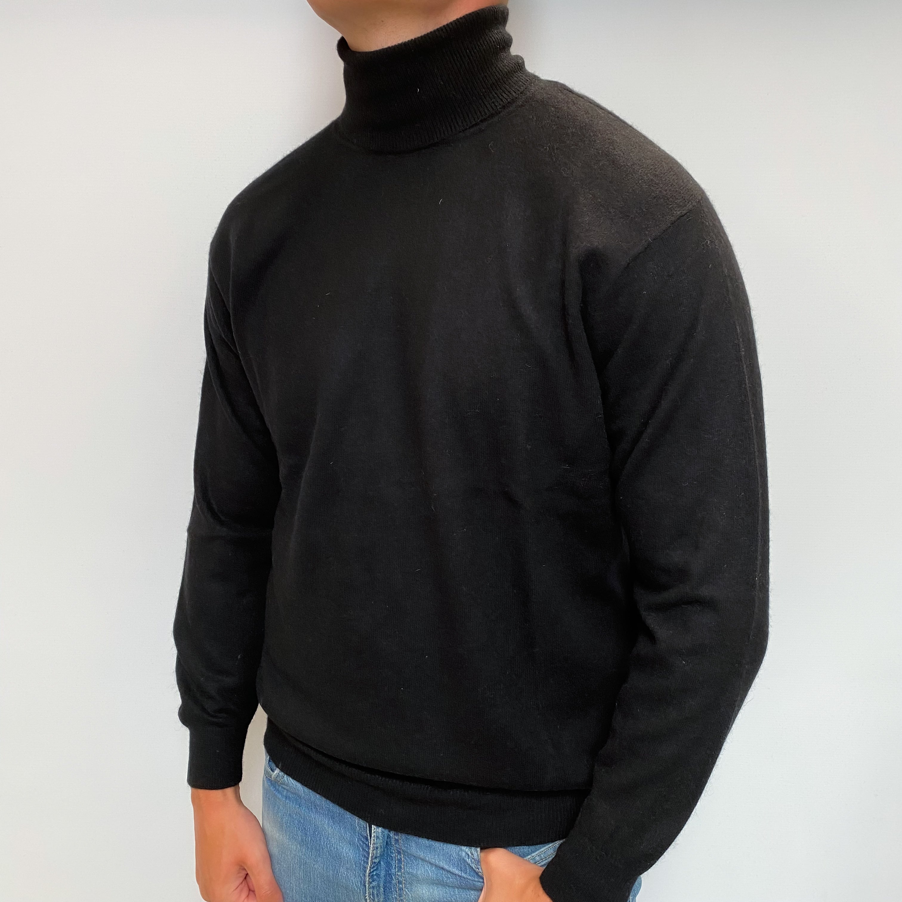 Men's Black Cashmere Polo Neck Jumper XL