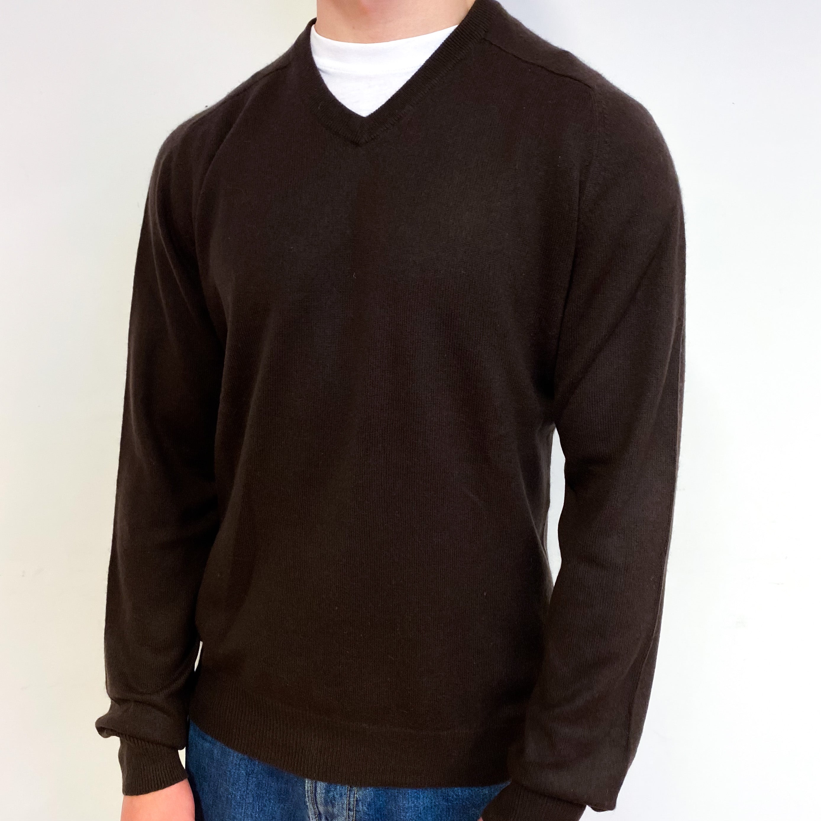 Men's Peppercorn Brown Cashmere V-Neck Jumper Small