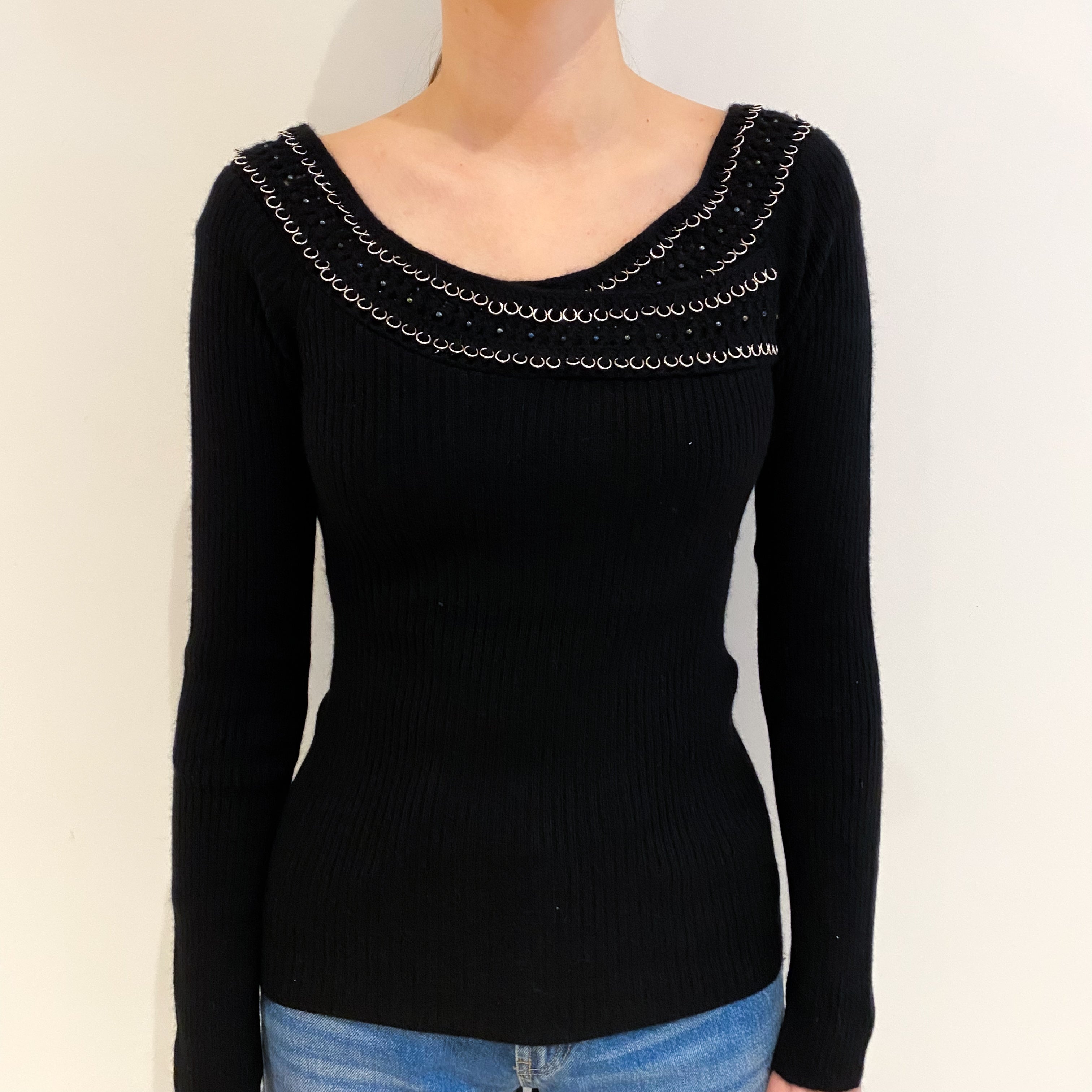 Black Embellished Cashmere Slash Neck Jumper Extra Small