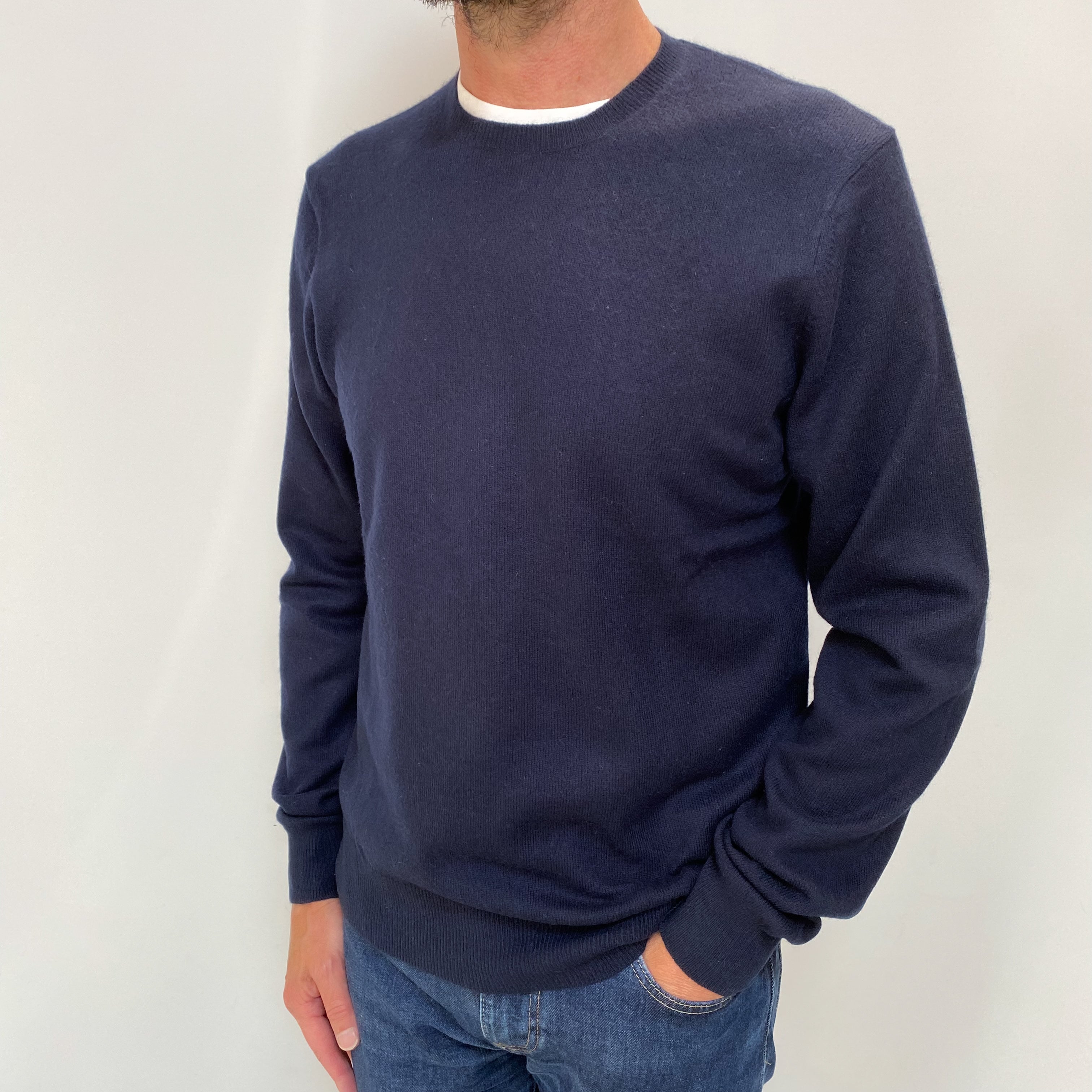 Men's Navy Blue Cashmere Crew Neck Jumper Small