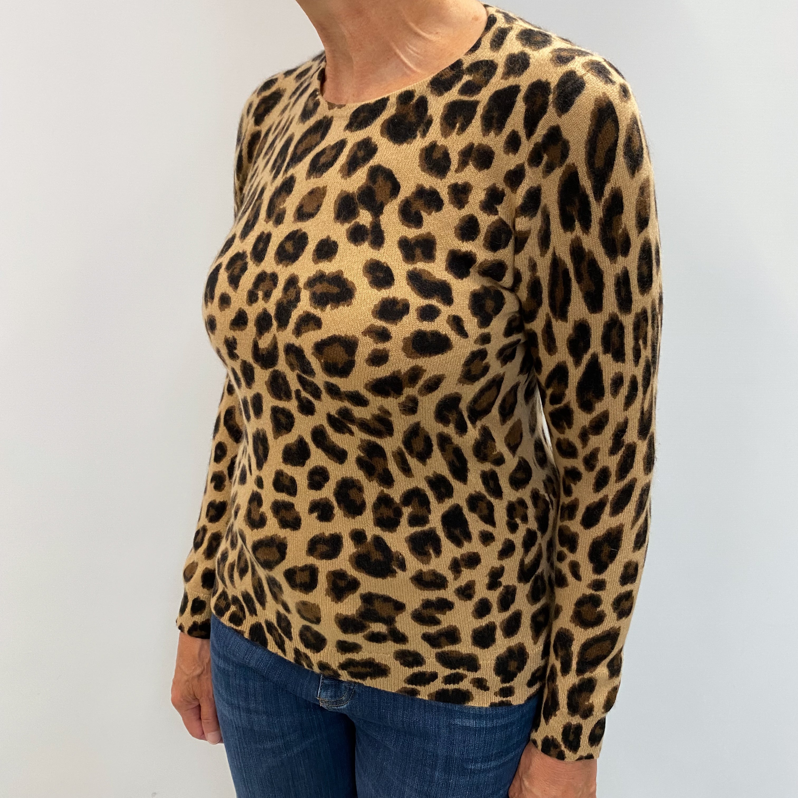 Brown Animal Print Cashmere Crew Neck Jumper Medium