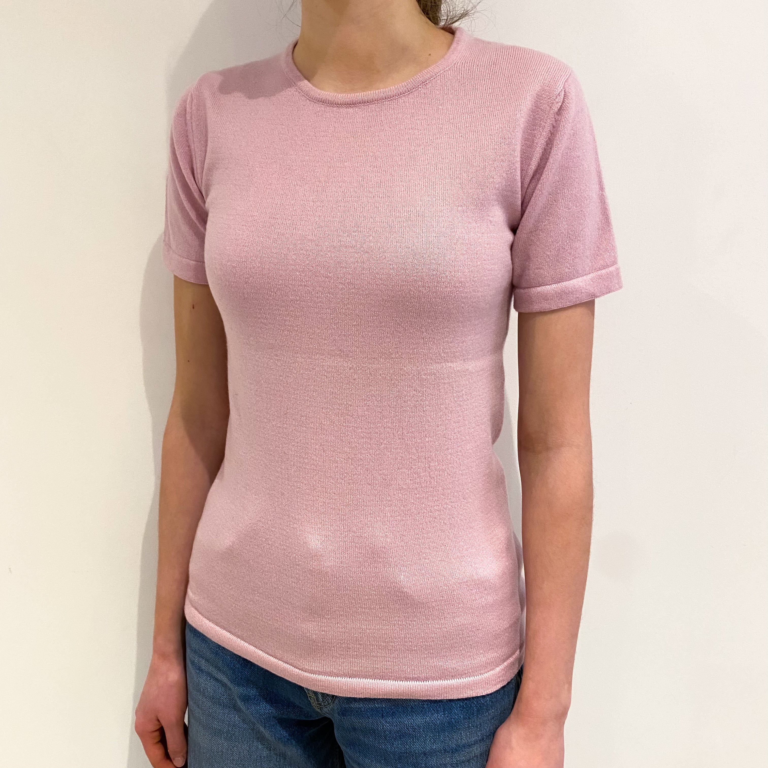 Pale Mauve Pink Cashmere Short Sleeved Crew Neck Jumper Extra Small