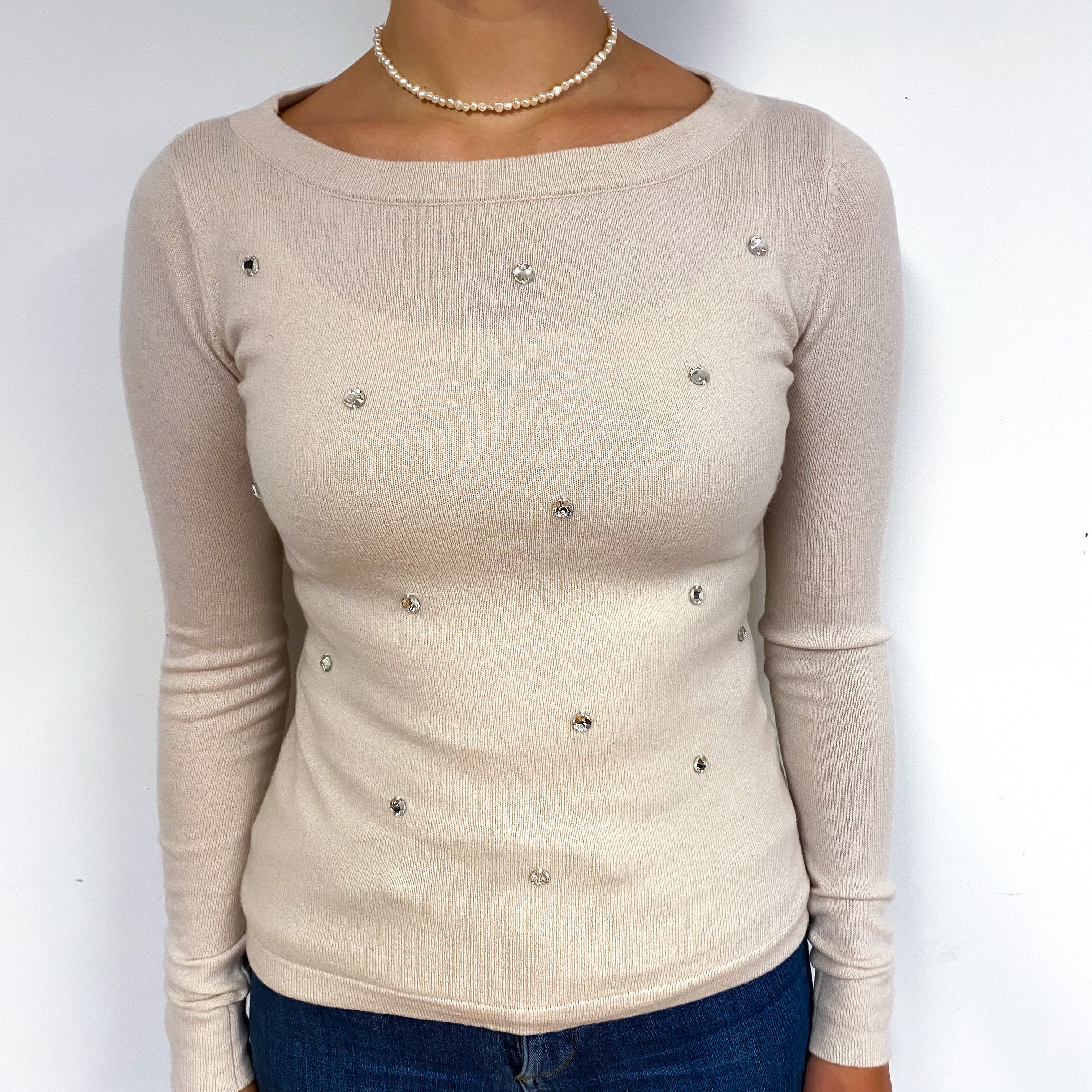 Palest Beige Diamanté Cashmere Crew Neck Jumper Small