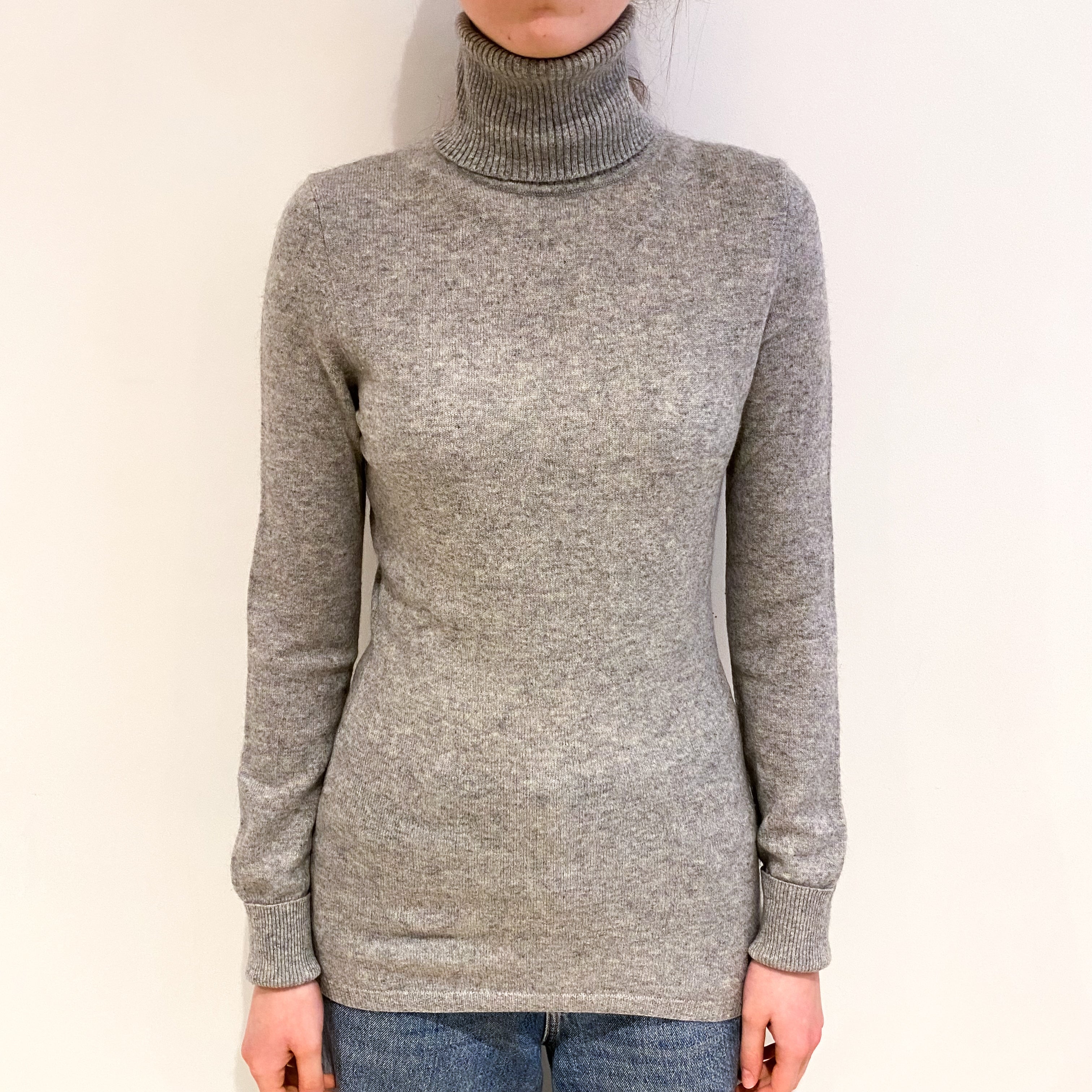 Smoke Grey Cashmere Longline Polo Neck Jumper Extra Small