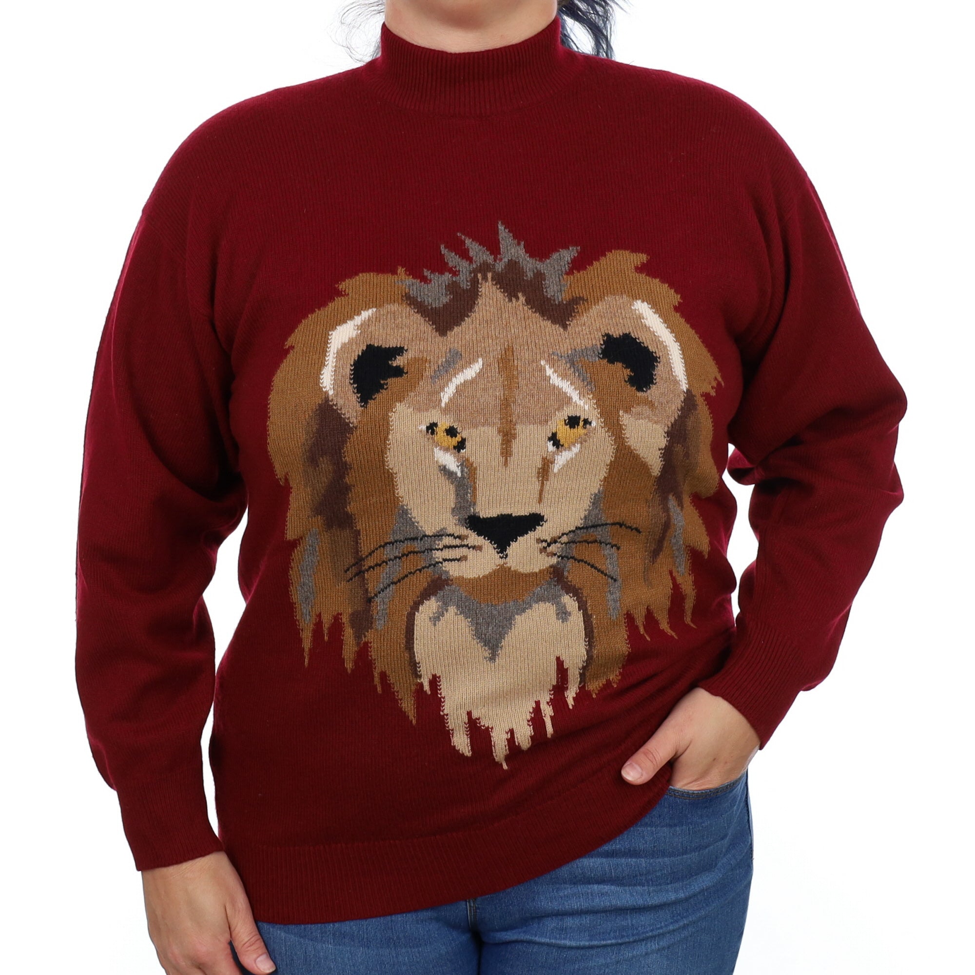 Scottish Burgundy Red Lion Motif Cashmere Turtle Neck Jumper Large