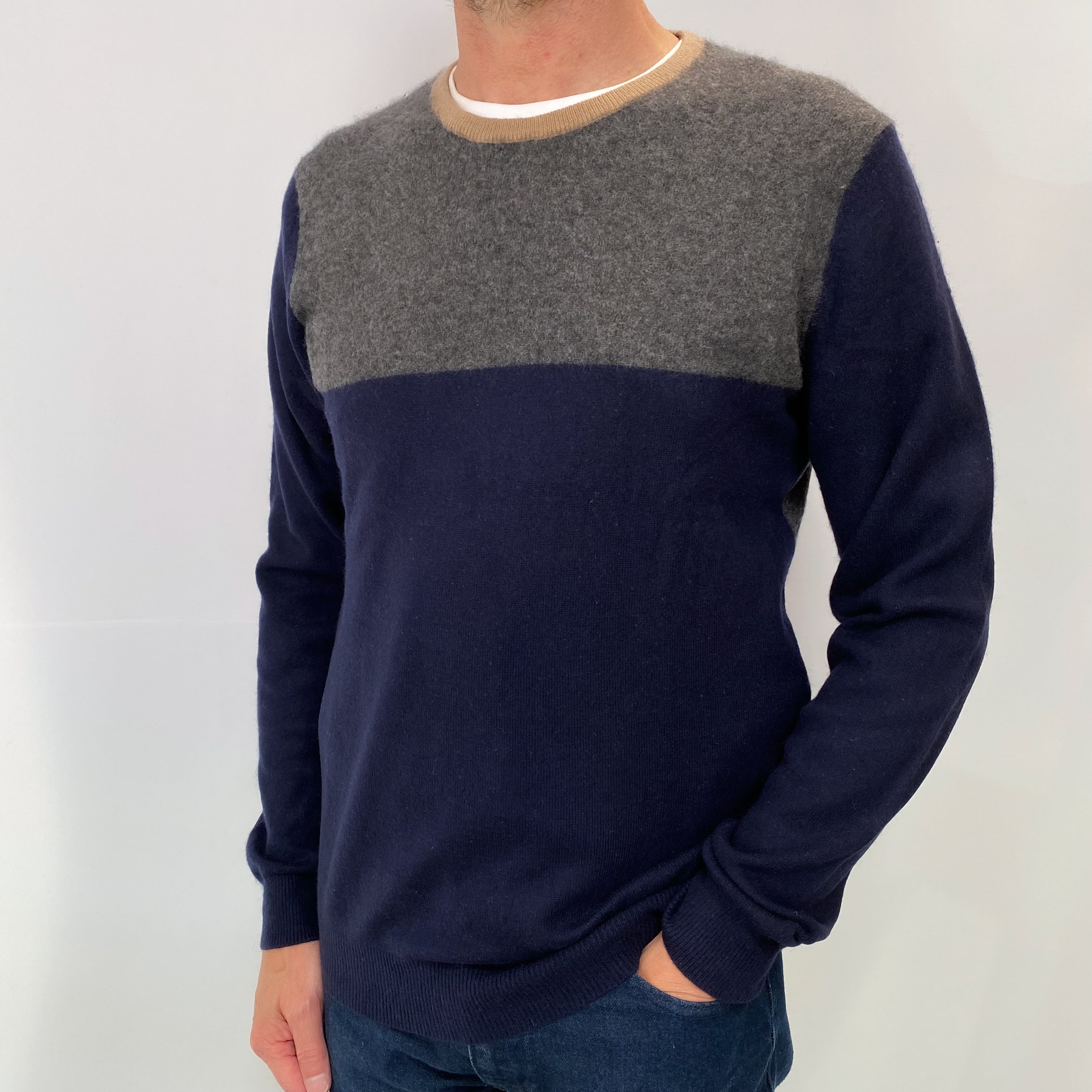 Navy and Grey Colour Block Men's Cashmere Crew Neck Jumper Small