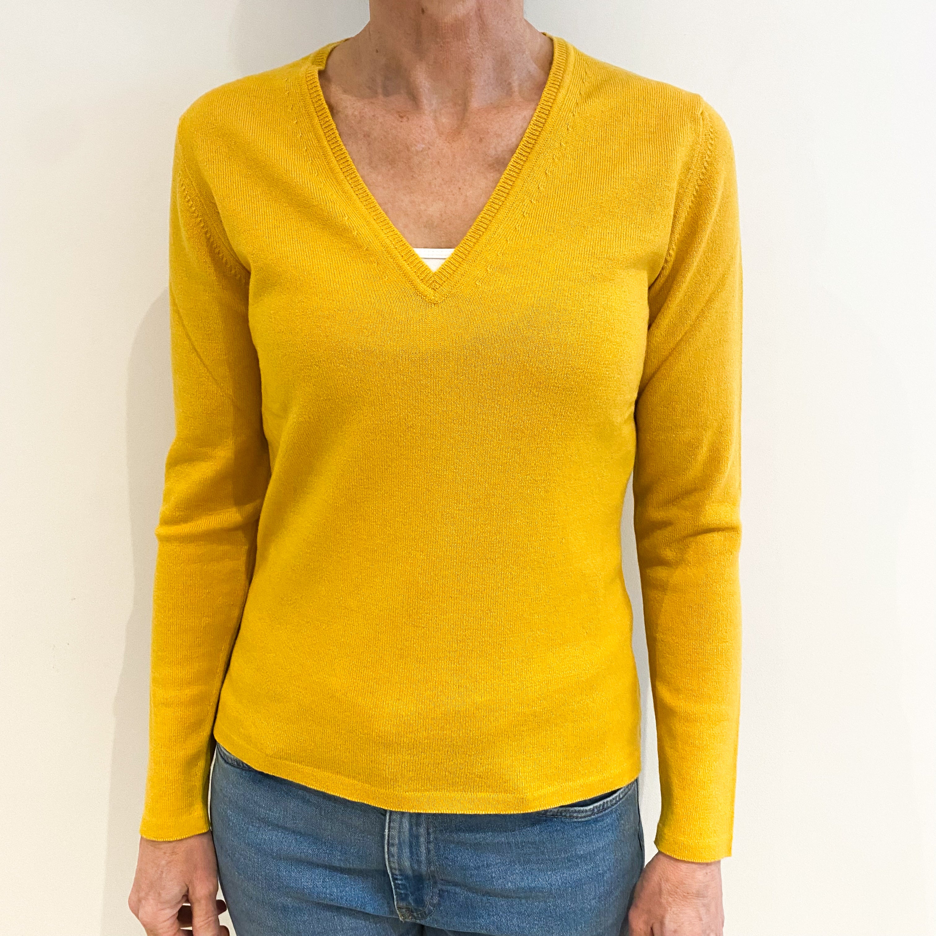 Brand New Scottish Sunflower Yellow Cashmere V Neck Jumper Small