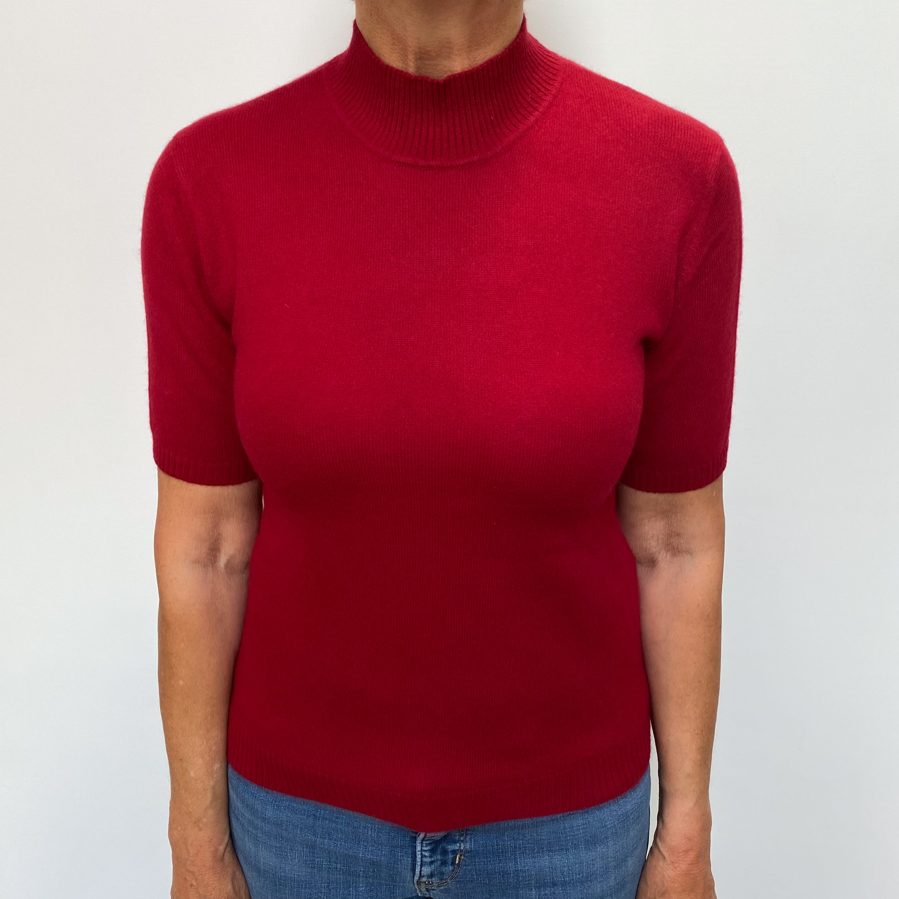 Crimson Red Cashmere Turtle Neck Short Sleeved Jumper Medium