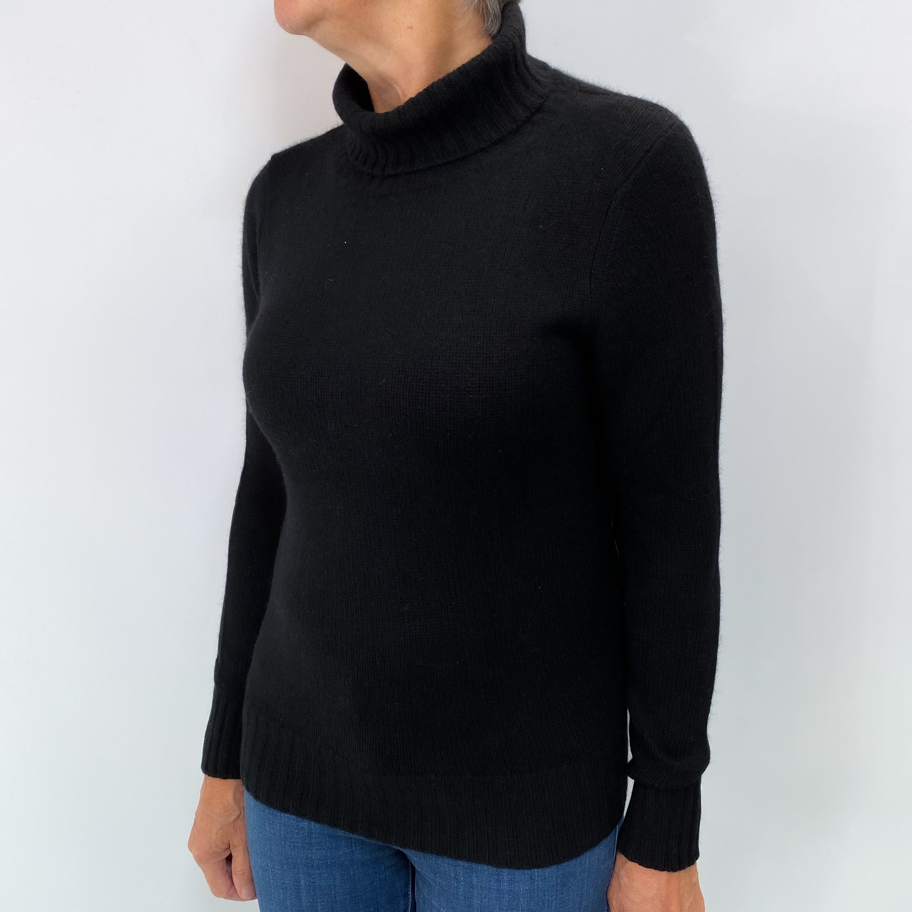 Black Cashmere Polo Neck Rib Jumper Medium