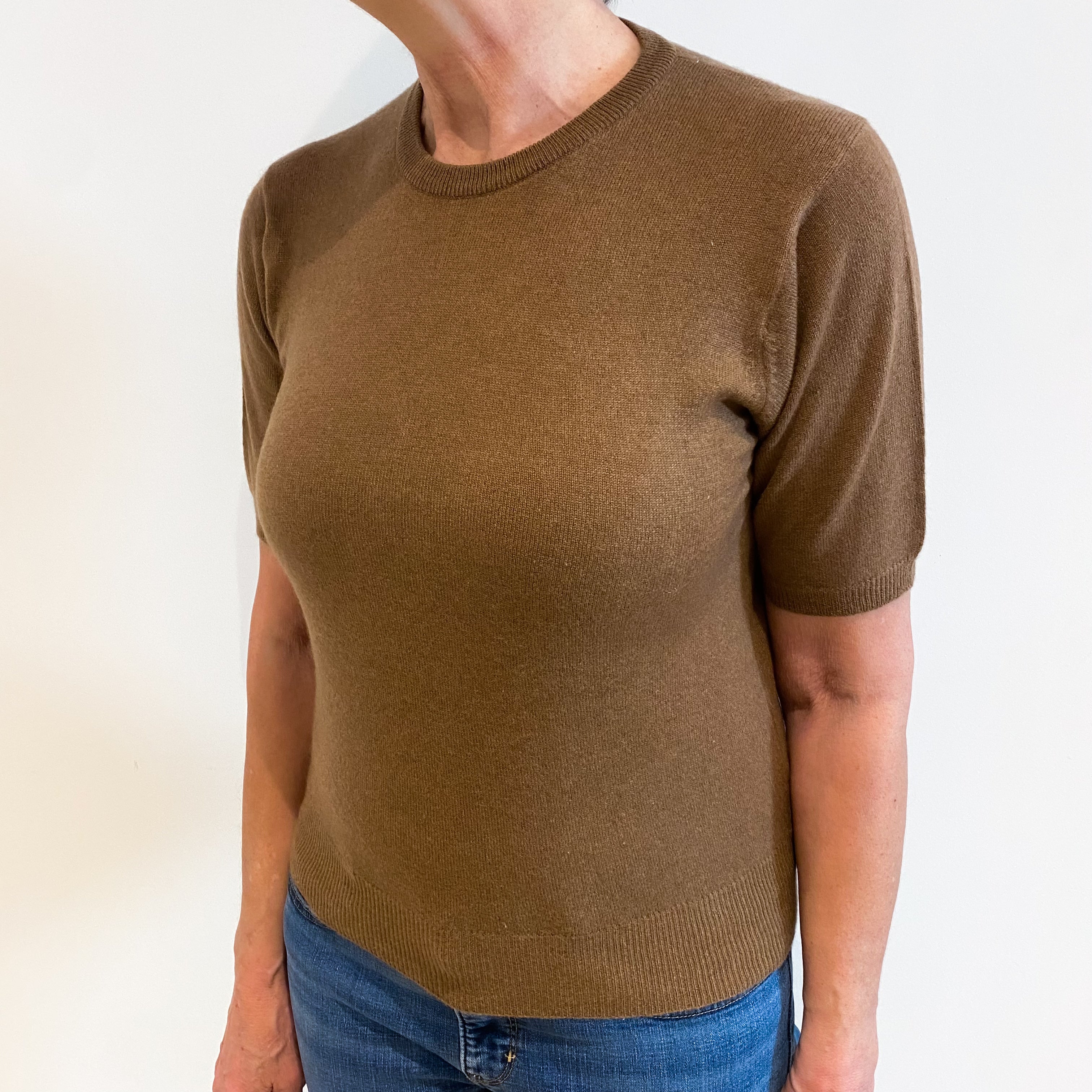 Chestnut Brown Cashmere Short Sleeved Crew Neck Jumper Medium