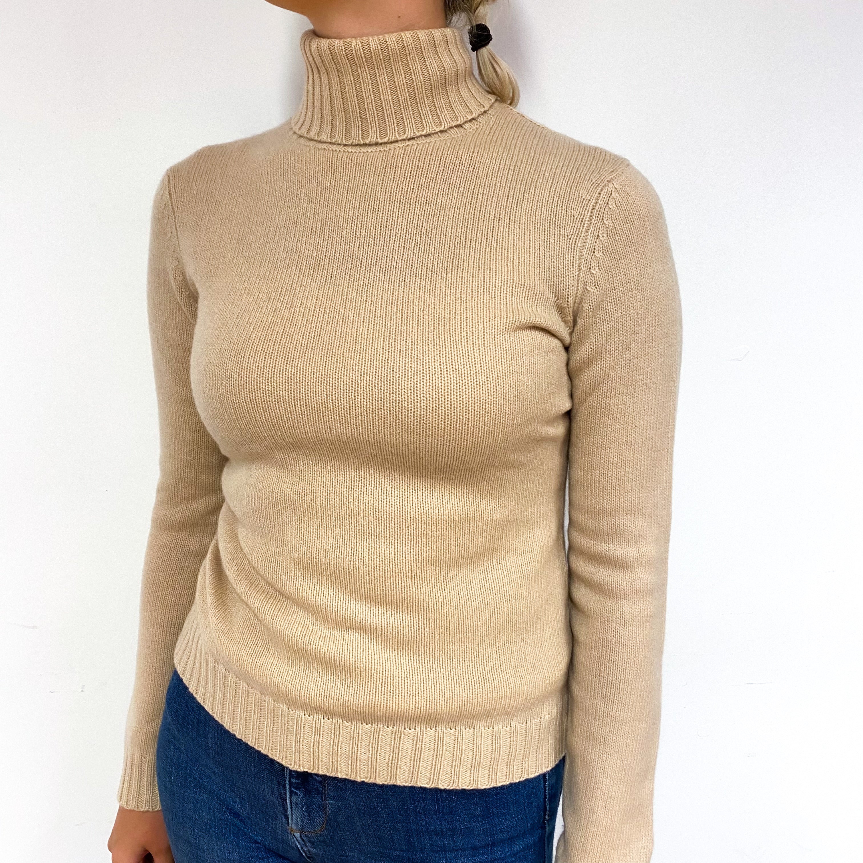 Caramel Brown Heavy Knit Cashmere Polo Neck Jumper Small