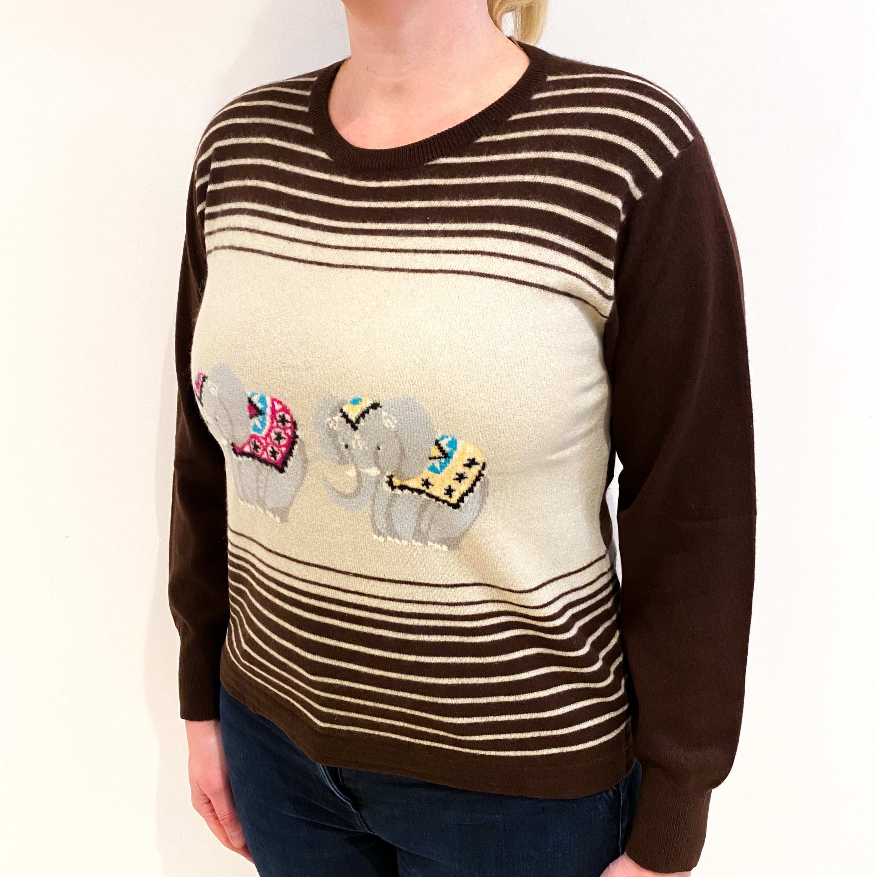 Chocolate Brown With Cream Stripes And Elephant Motif Cashmere Crew Neck Jumper Large