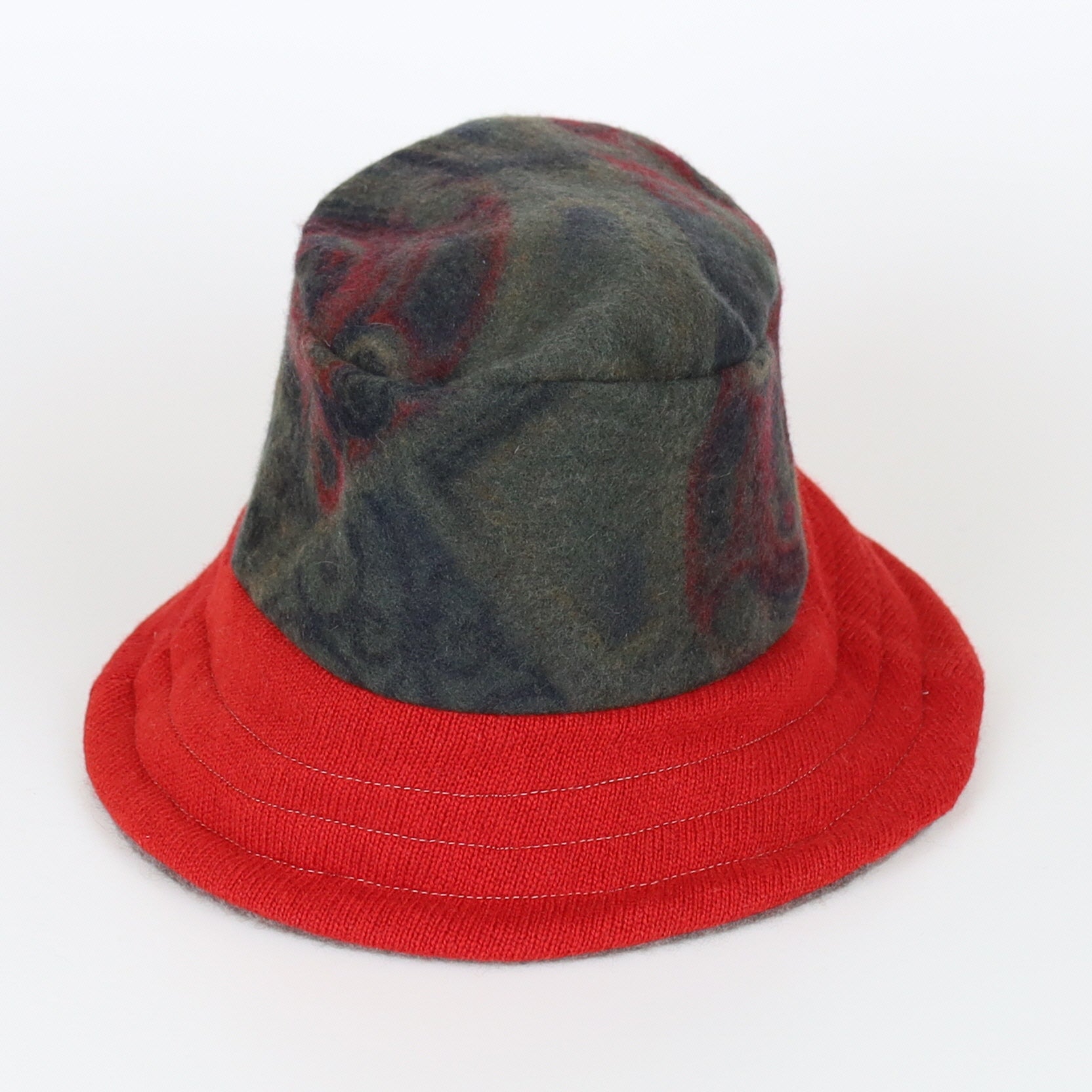 Scarlet Red and Grey Patterned Reversible Cashmere Bucket Hat Small