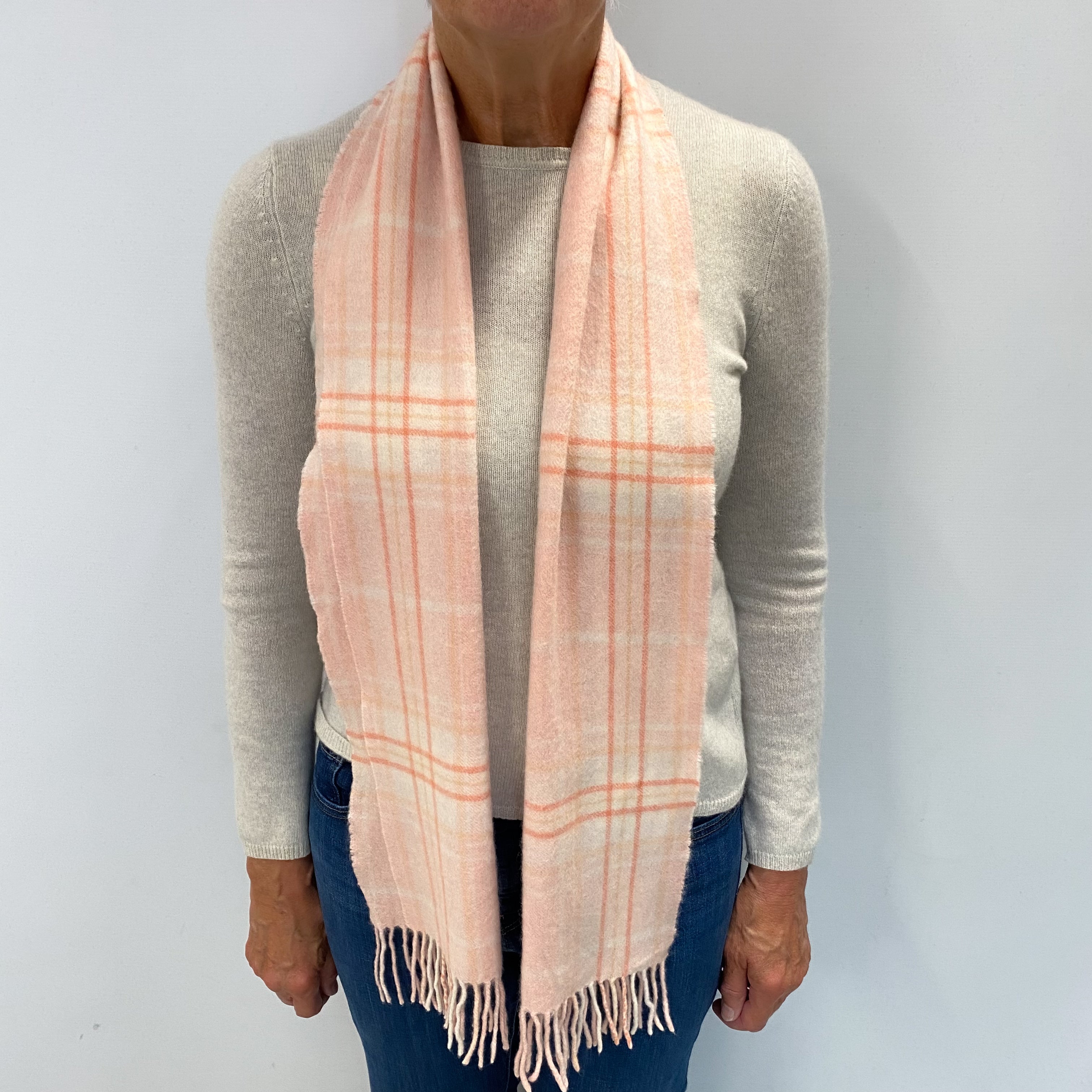 Shell Pink Checked Cashmere Woven Fringed Scarf