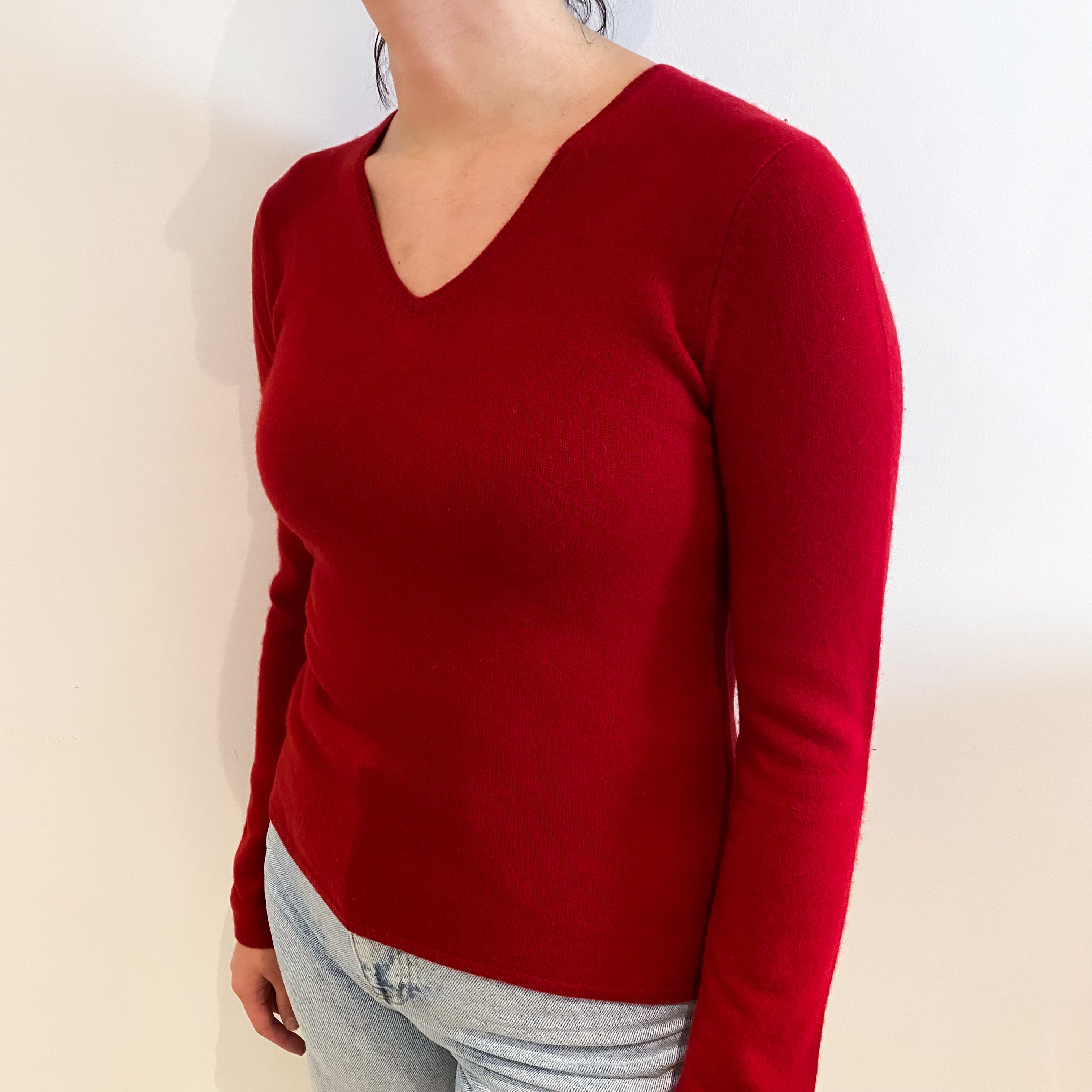 Crimson Red Cashmere V-Neck Jumper Small