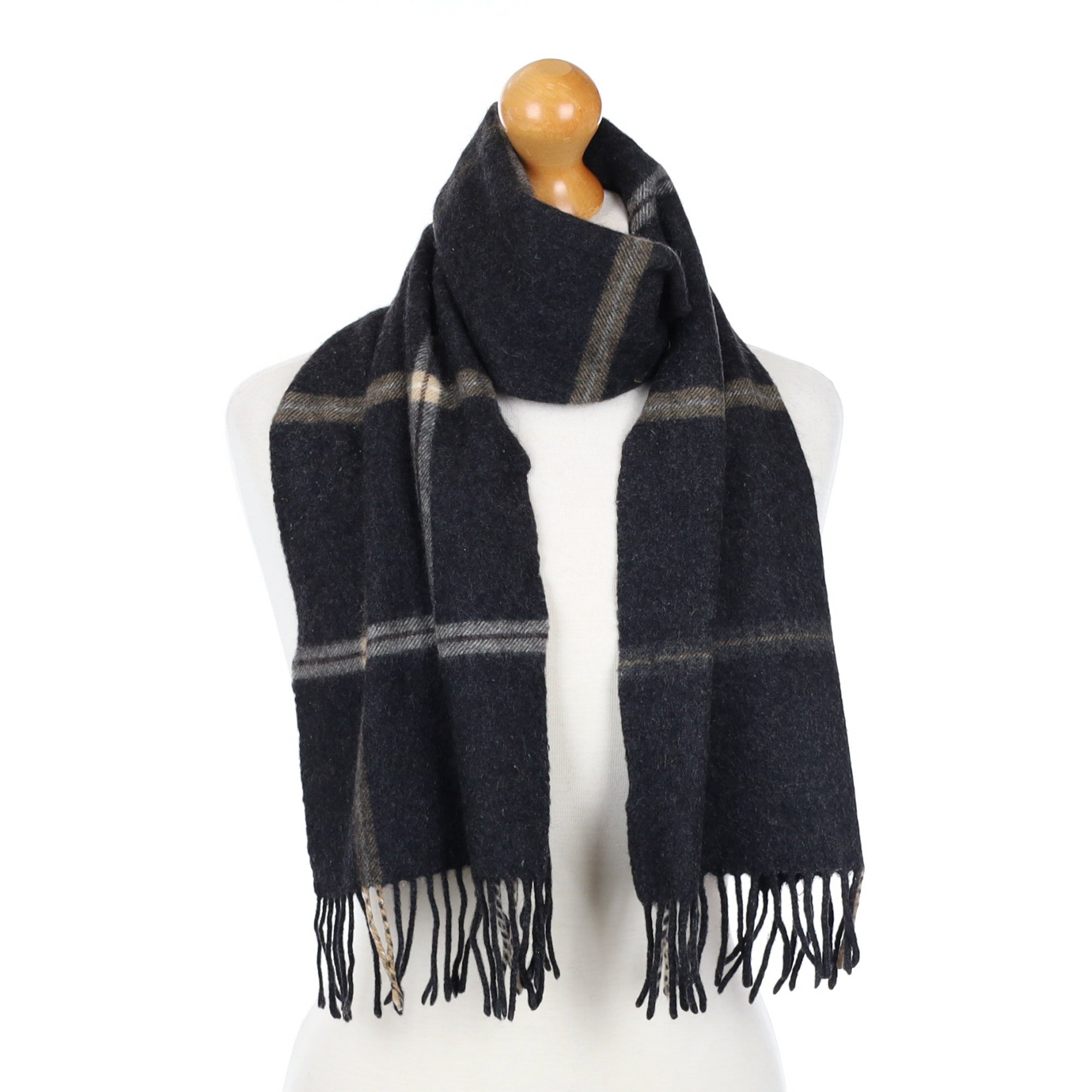 Charcoal and Beige Checked Fringed Cashmere Woven Scarf