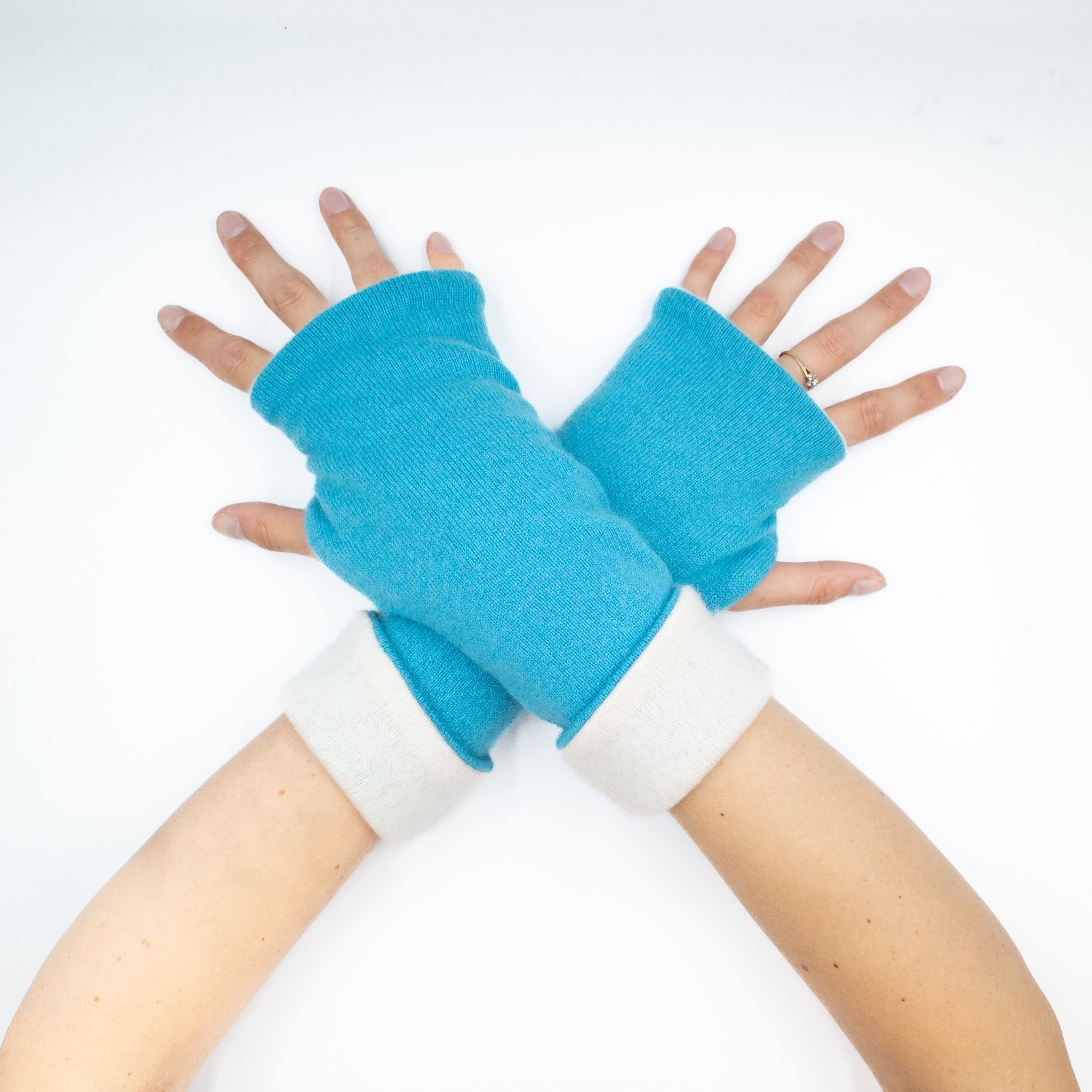 Sky Blue and Cream Reversible Fingerless Gloves