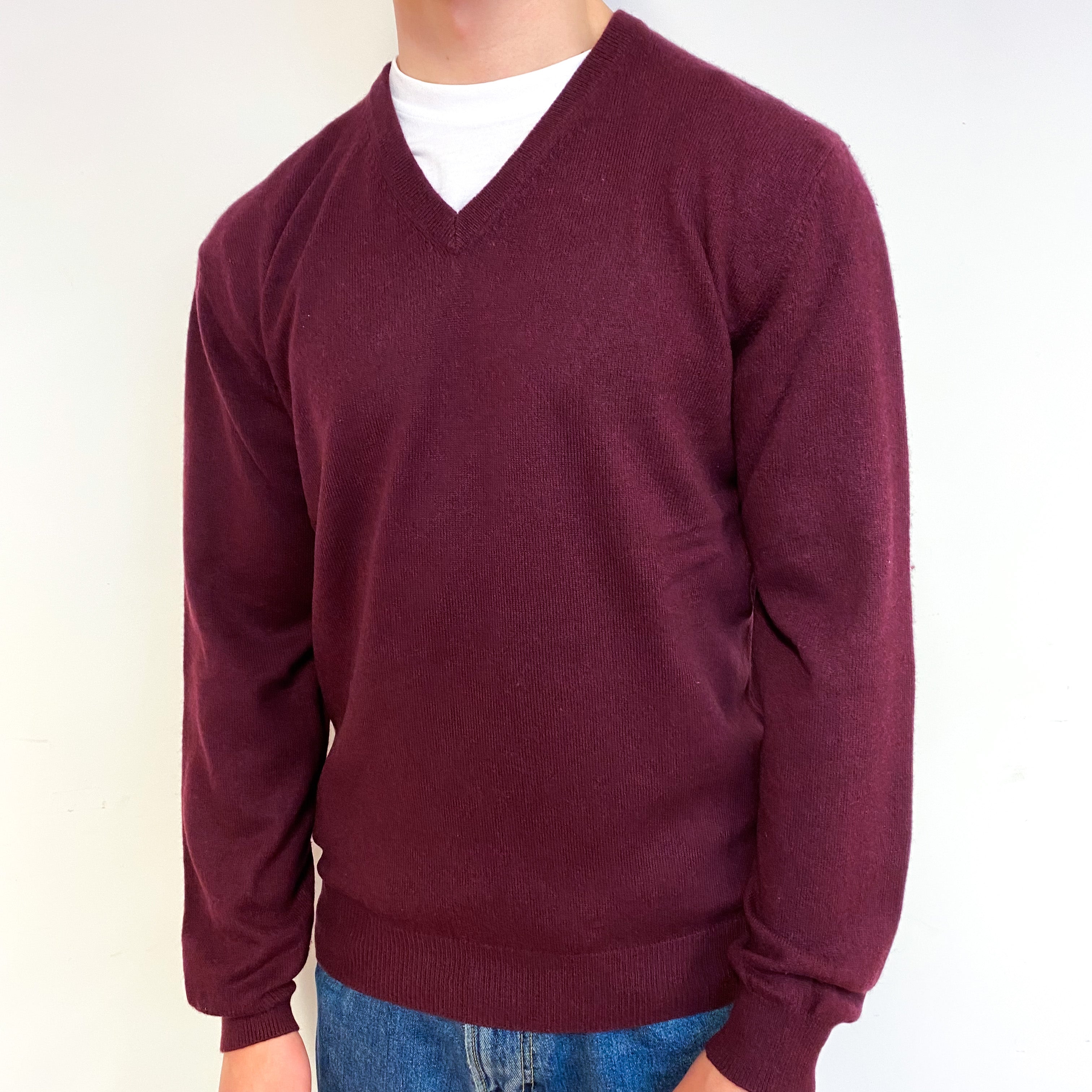 Men's Mulberry Purple Cashmere V-Neck Jumper Small