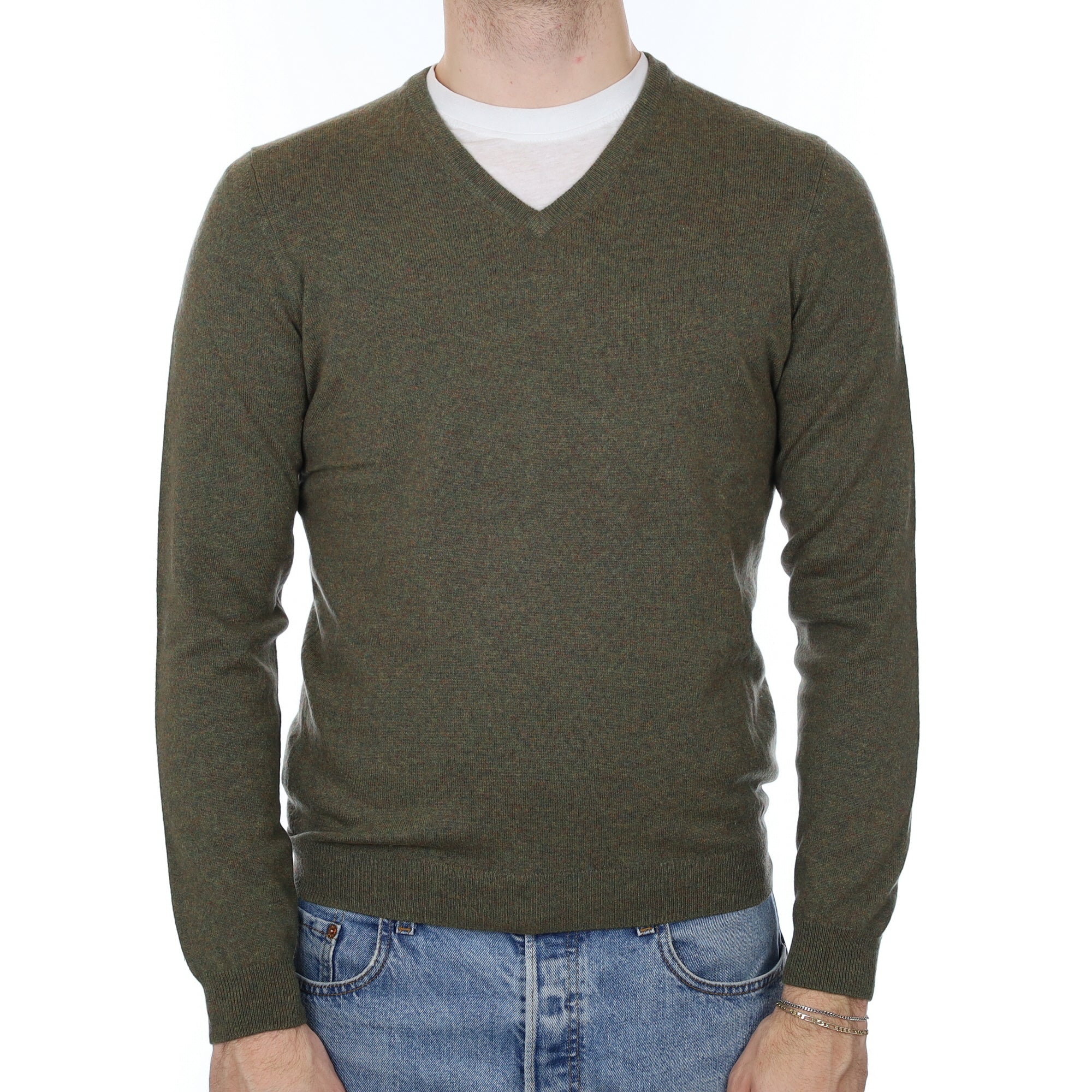 Men's Khaki Green Cashmere V Neck Jumper Medium