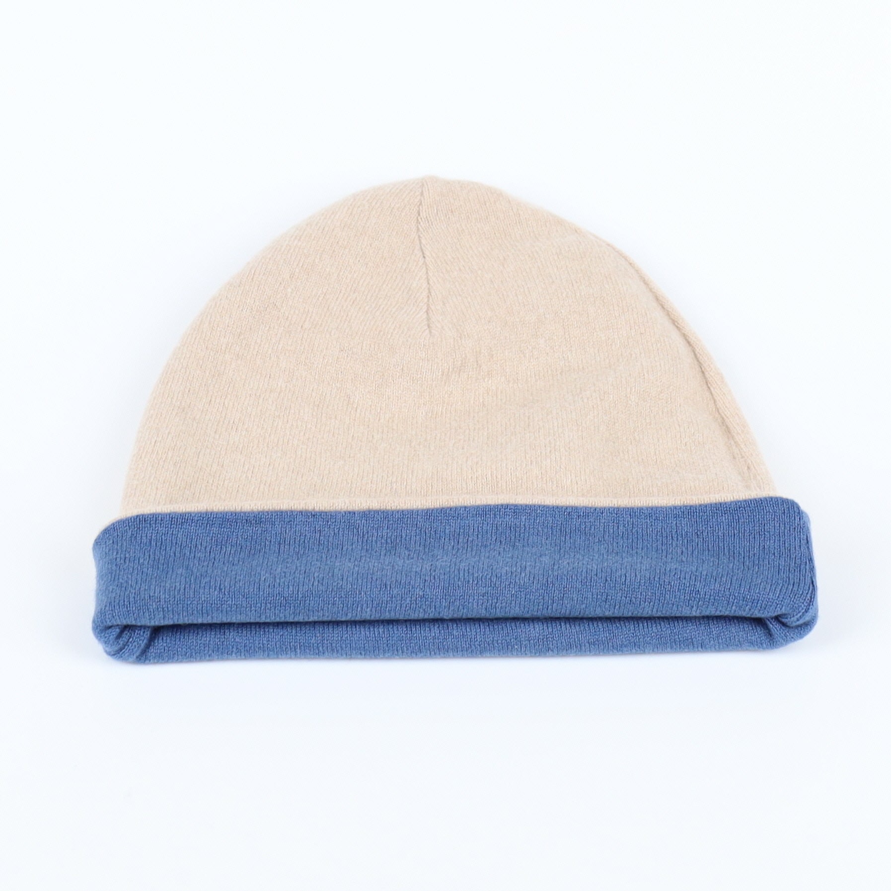 Oatmeal and Denim Blue Reversible Cashmere Beanie Hat