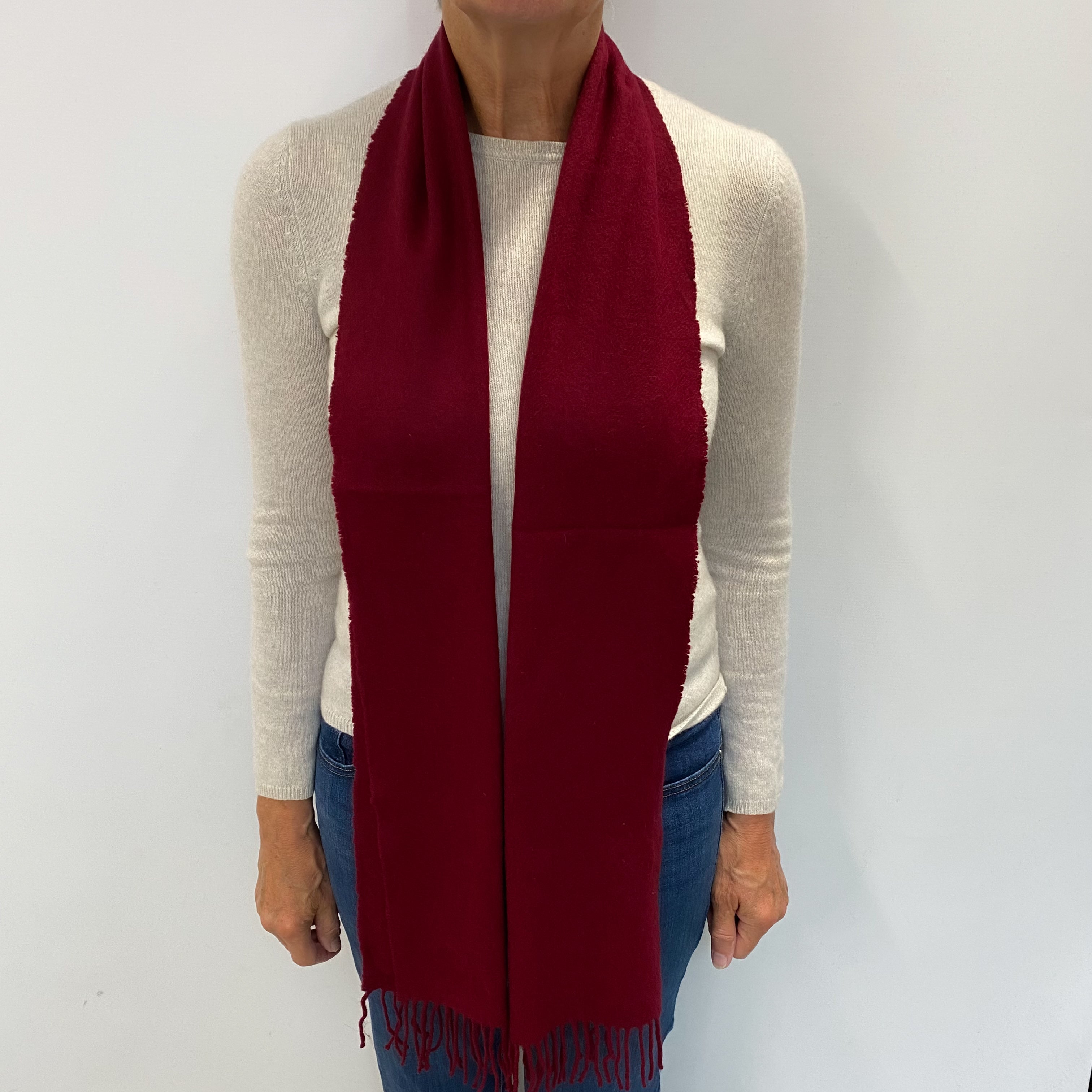 Garnet Red Cashmere Woven Fringed Scarf