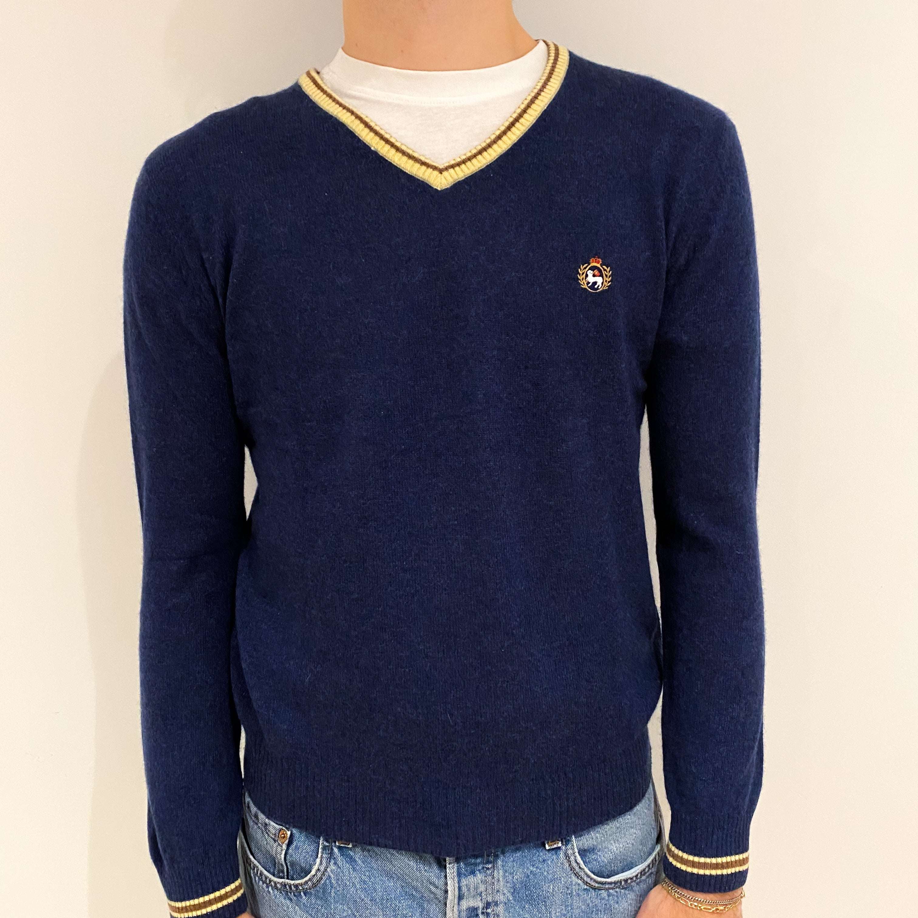 Men's Midnight Blue Yellow Trim Cashmere V Neck Jumper Large