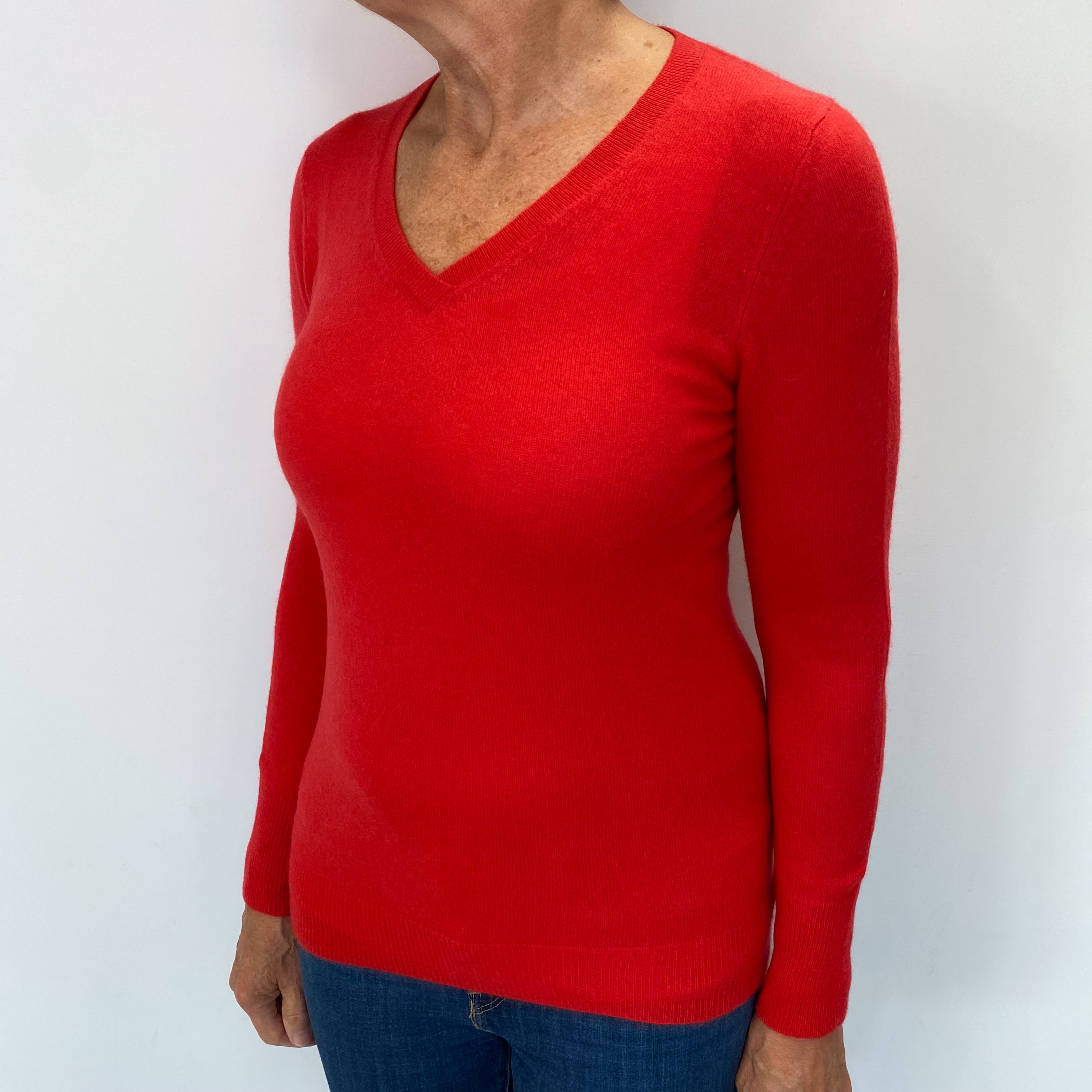 Vermillion Red Cashmere V Neck Jumper Medium