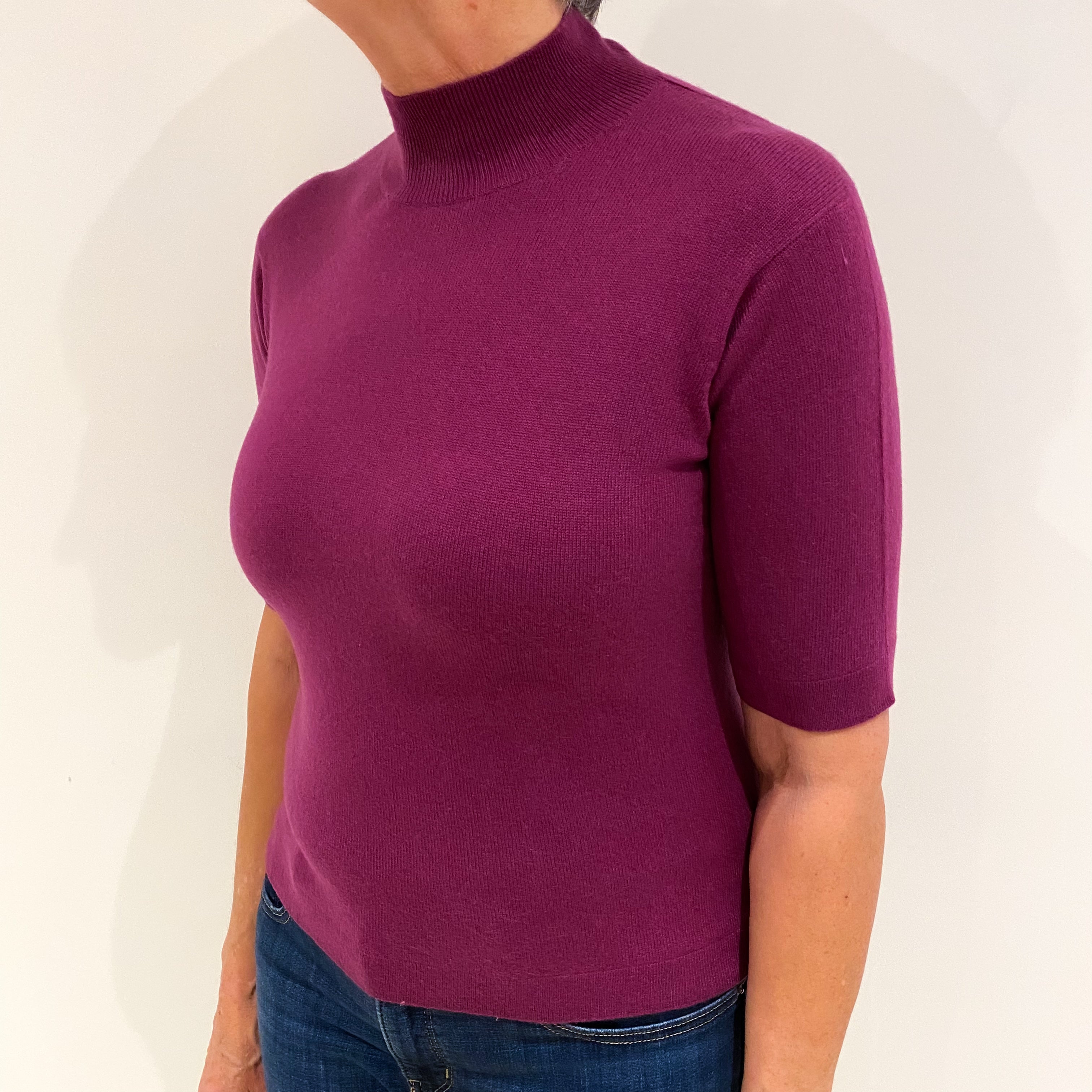 Plum Purple Short Sleeved Cashmere Turtle Neck Jumper Medium