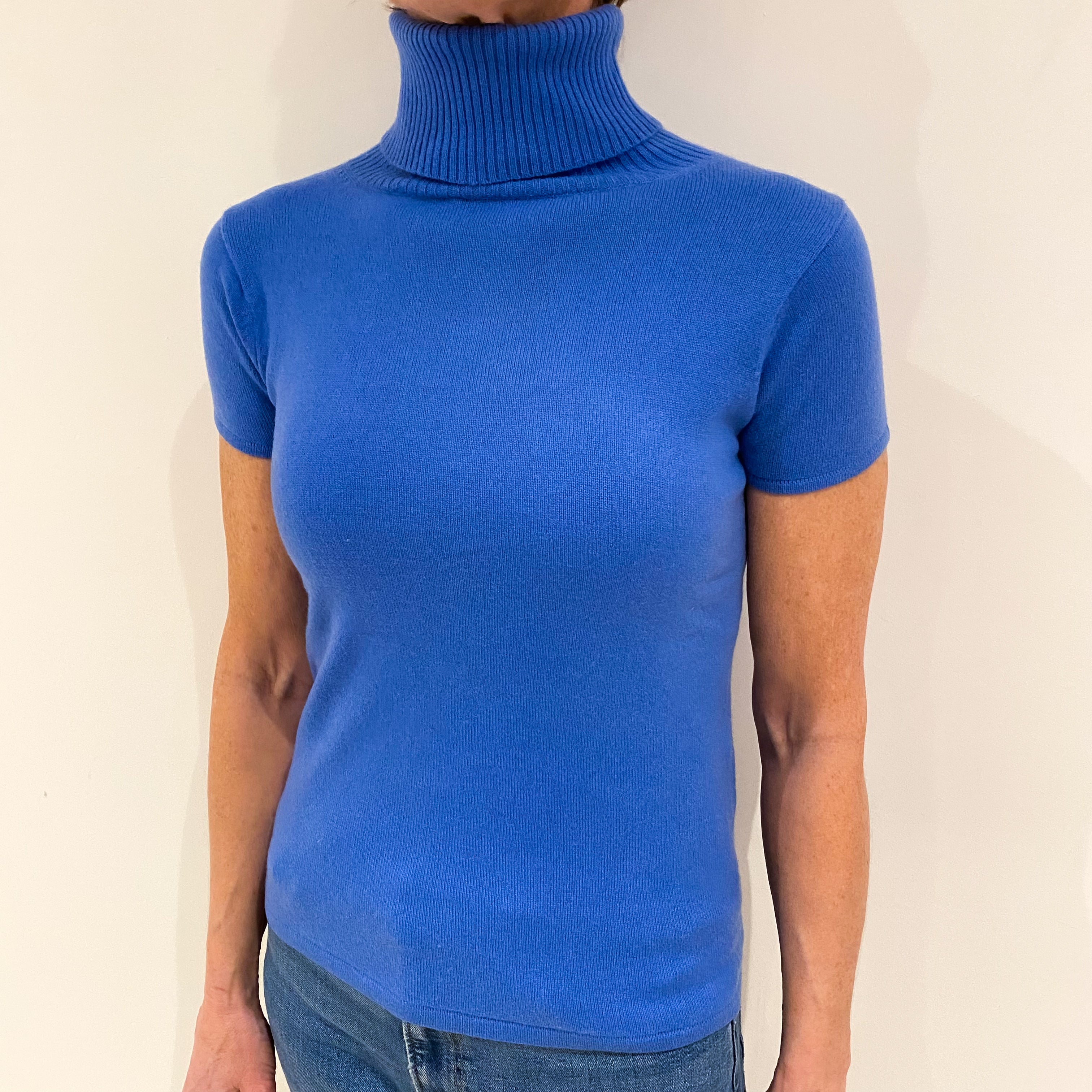 Tanzanite Blue Cashmere Short Sleeved Polo Neck Jumper Small