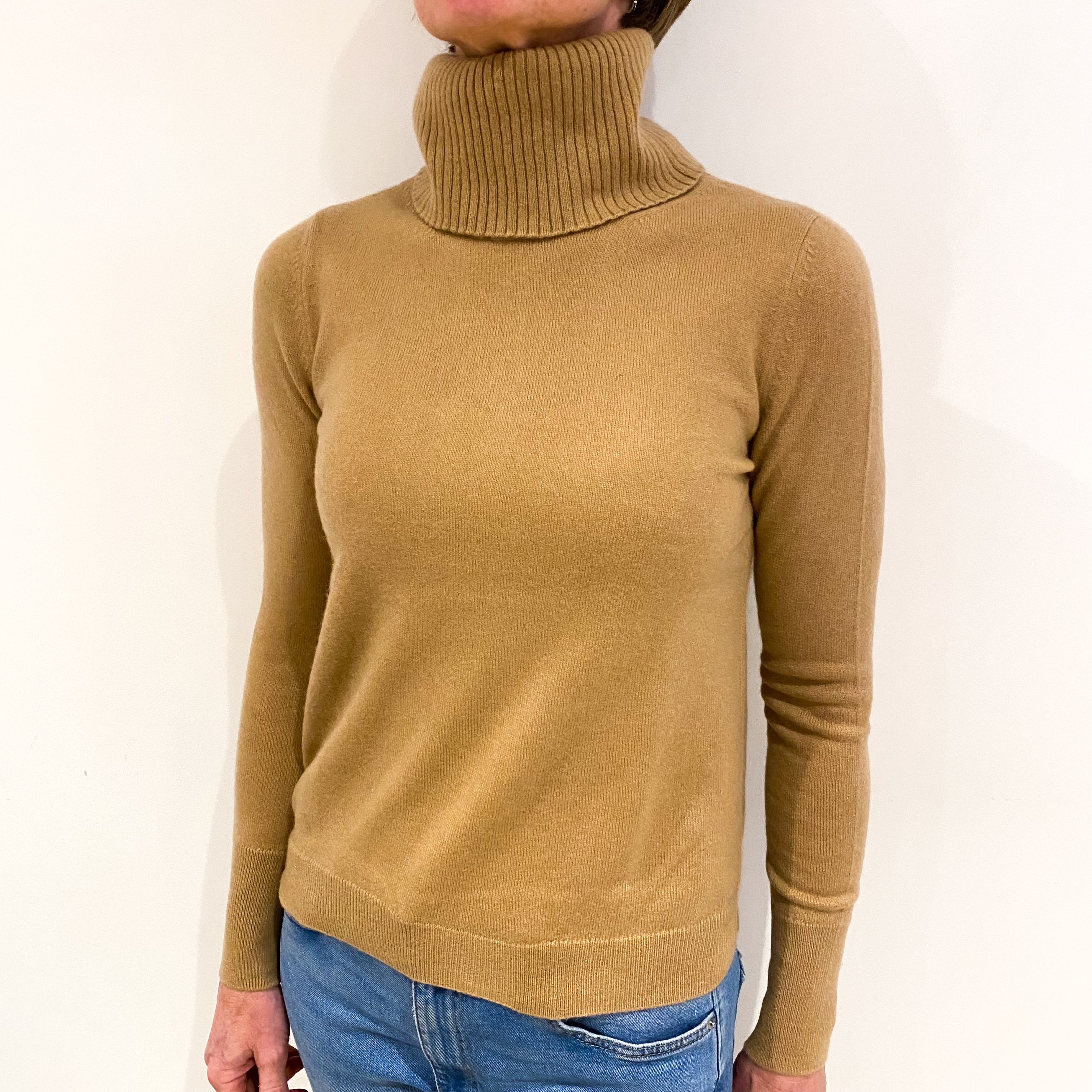 Camel Brown Cashmere Polo Neck Jumper Small