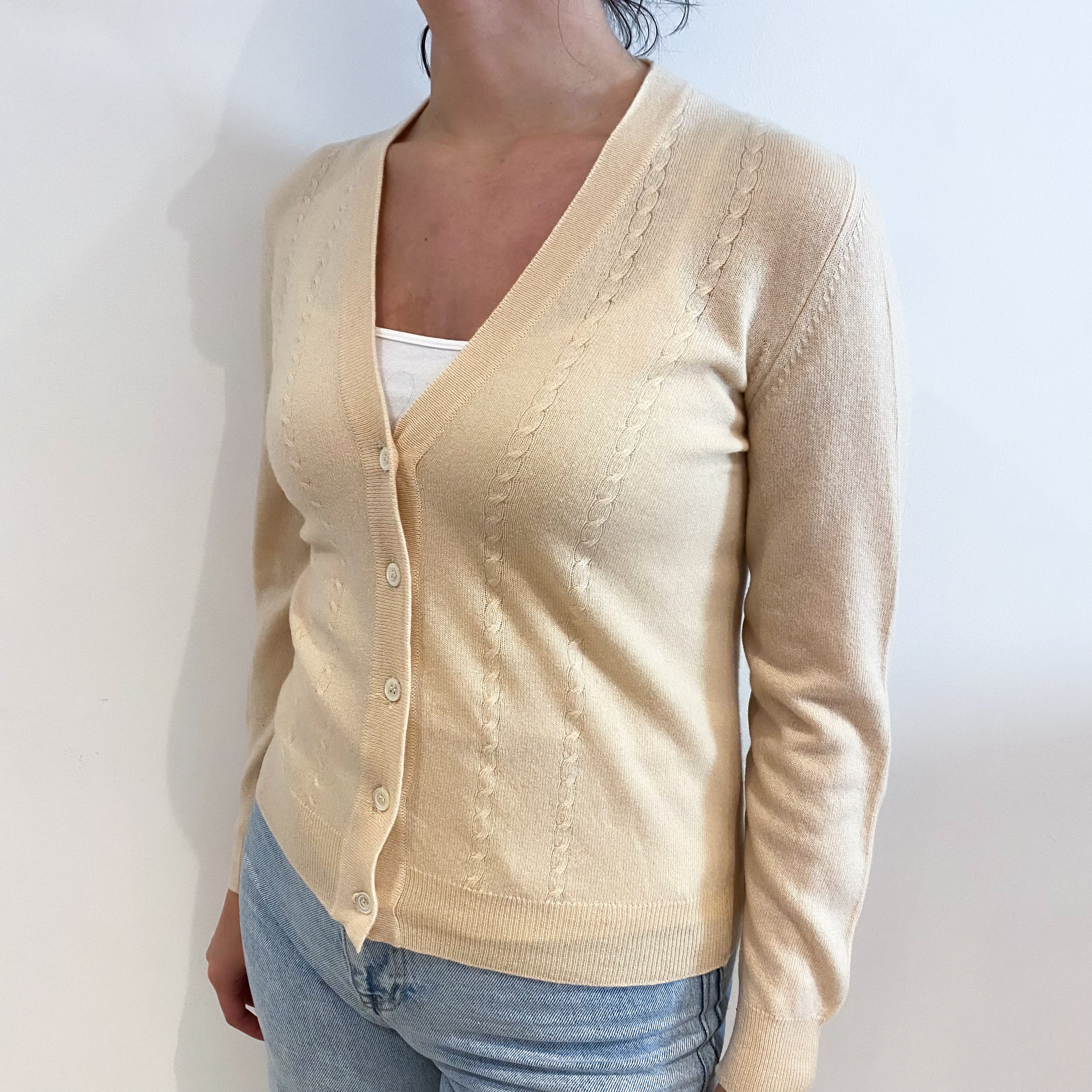 Sand Cable Knit V Neck Cardigan Small