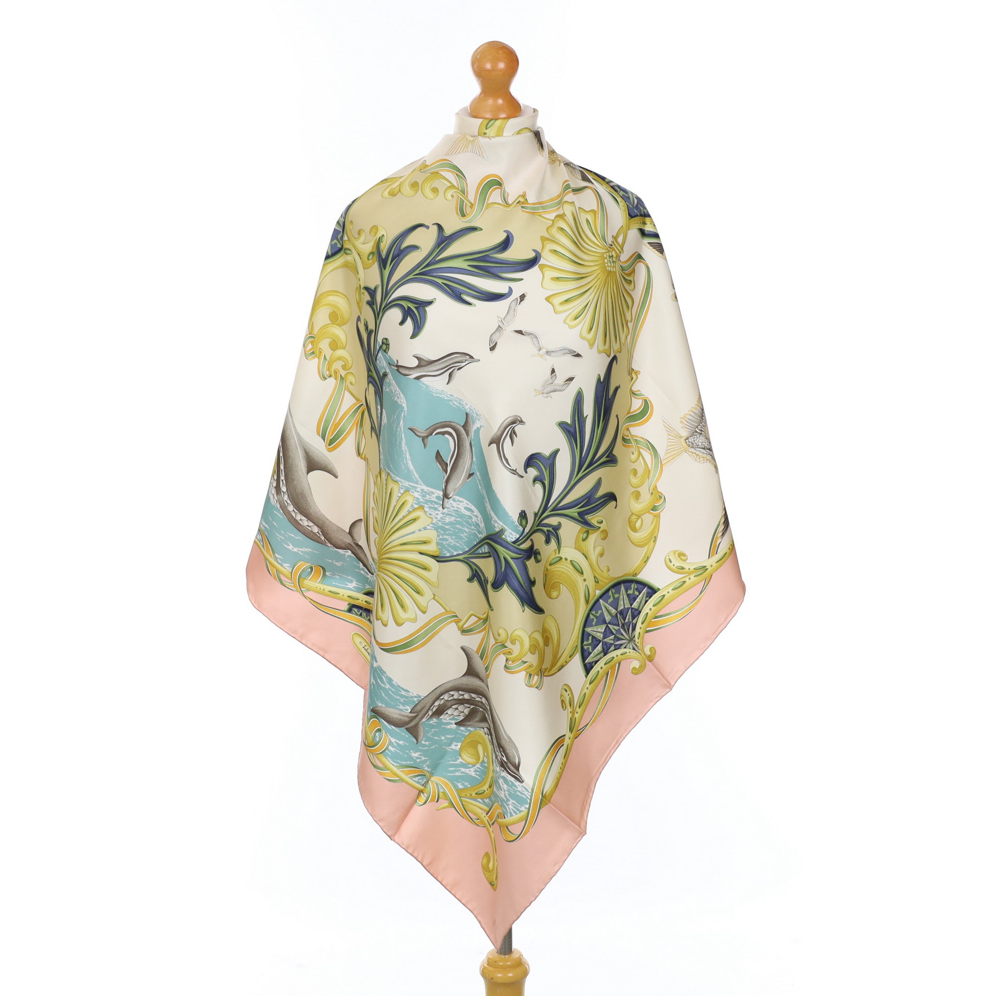 Boxed Salvatore Ferragamo Bird and Sea Theme Silk Scarf