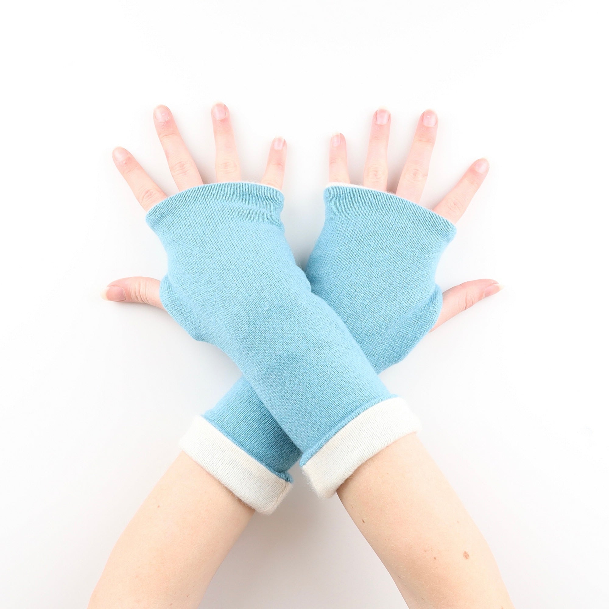 Pale Blue and Cream Reversible Cashmere Fingerless Gloves