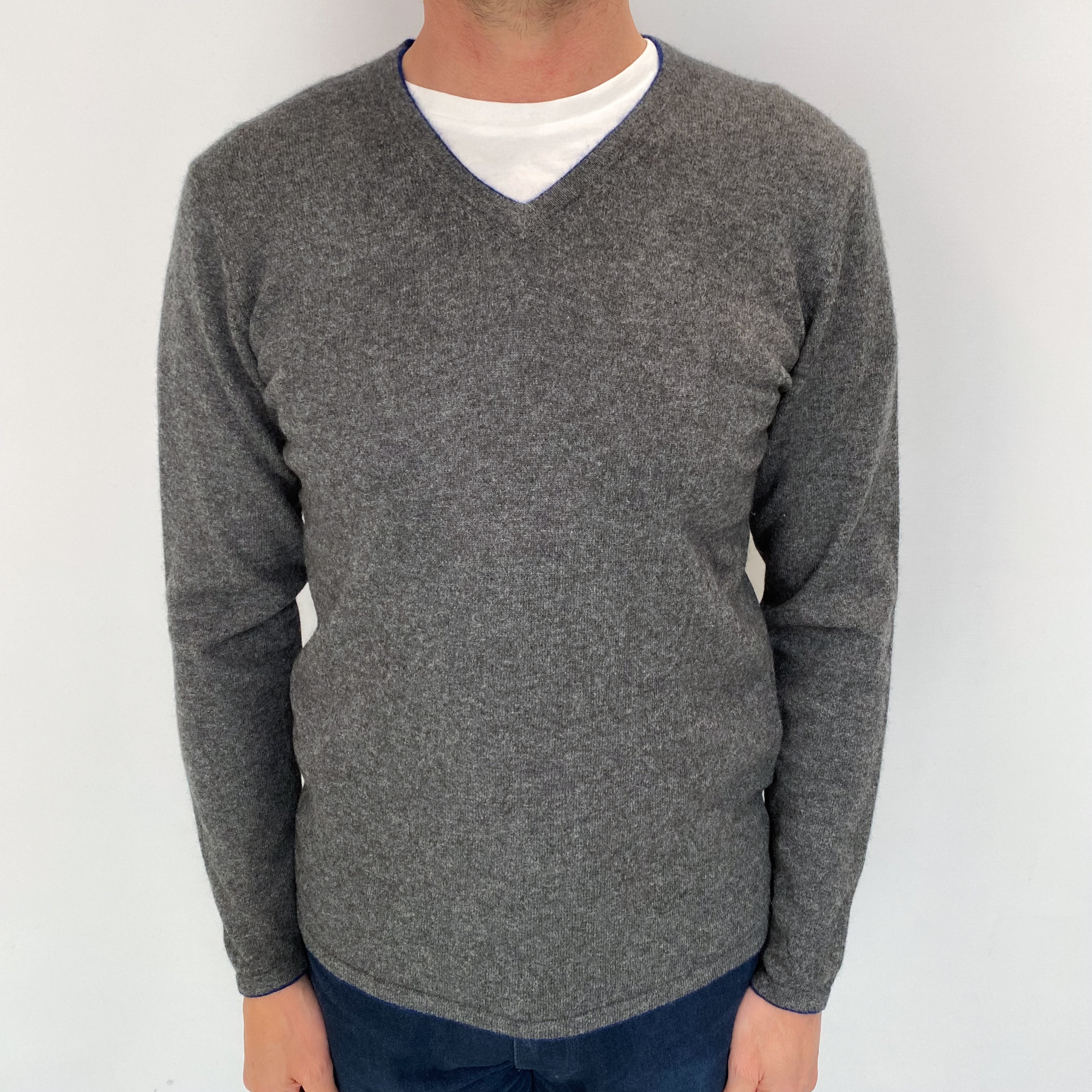 Men's Slate Grey Cashmere V Neck Jumper Small