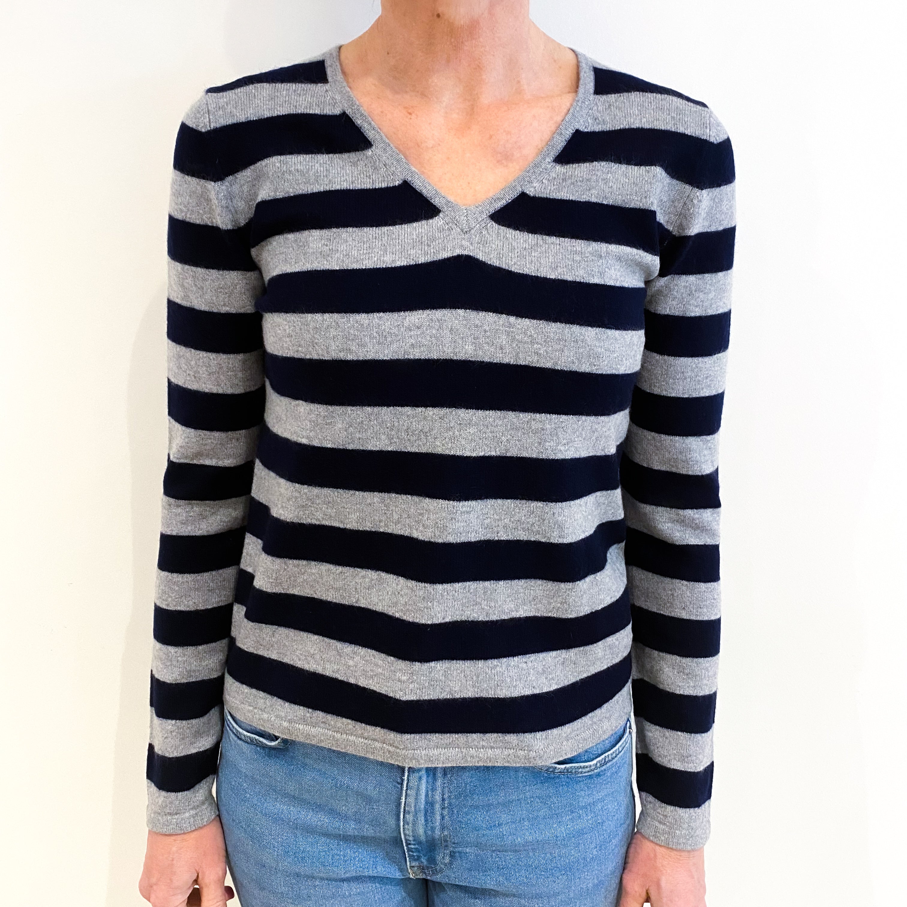 Navy and Grey Stripe Cashmere V Neck Jumper Small